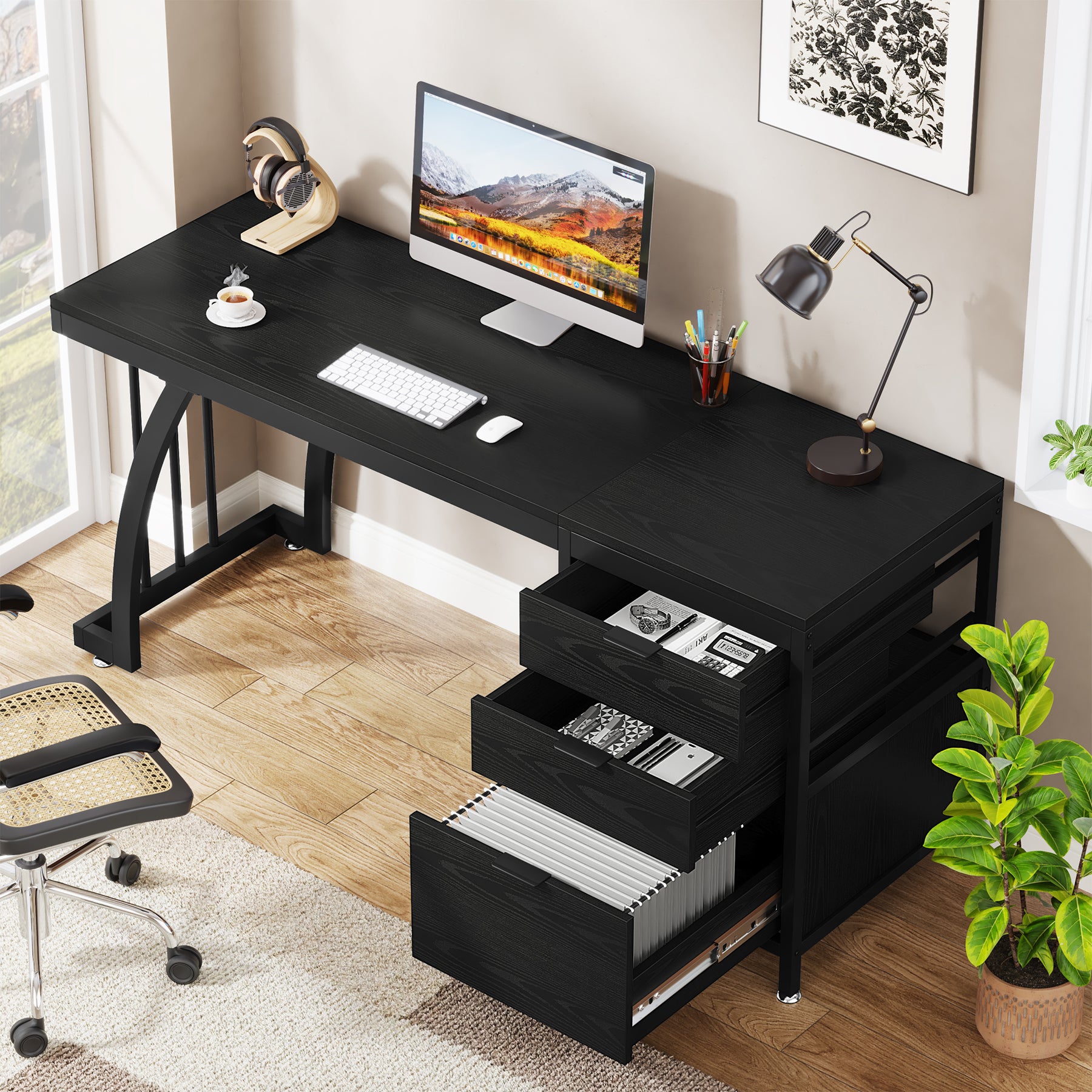 Tribesigns 59 Inch Computer Desk with Reversible 3-Drawer Storage, Industrial Desk for Home Office