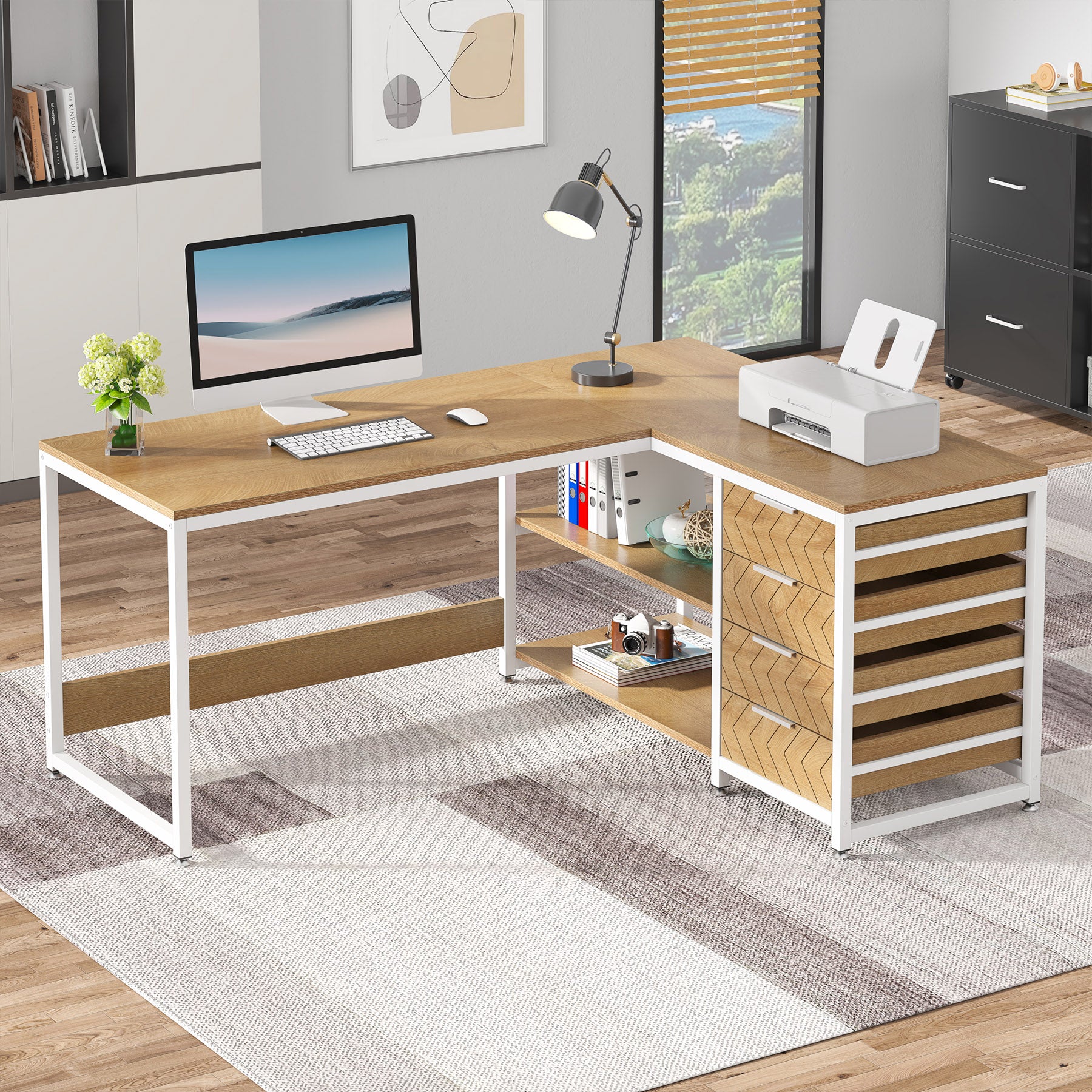 59" L-Shaped Desk, Reversible Corner Computer Desk with Drawers and Shelves