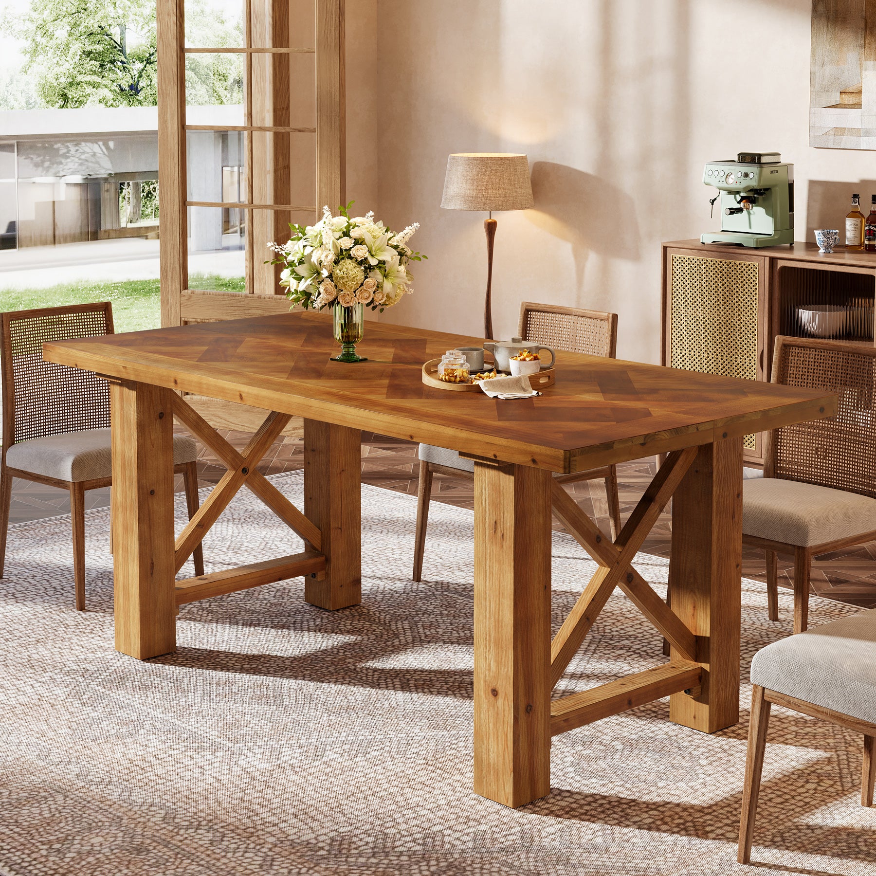 63-Inch Solid Fir Wood Dining Table with Herringbone Top, Farmhouse Table for Dining Room