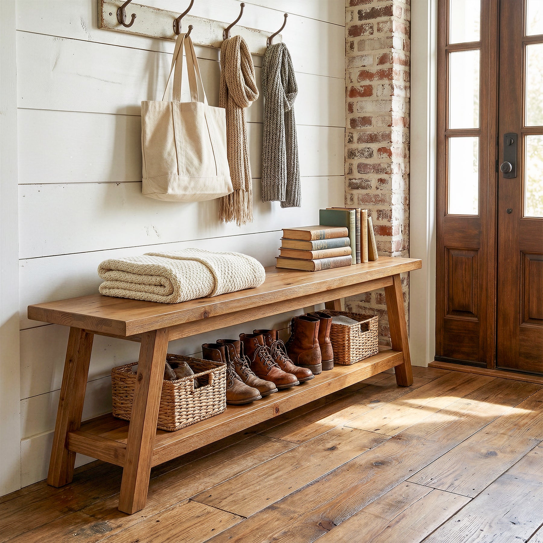 63" Solid Wood Entryway Bench with Storage Shelf, Hallway Shoe Bench for Mudroom