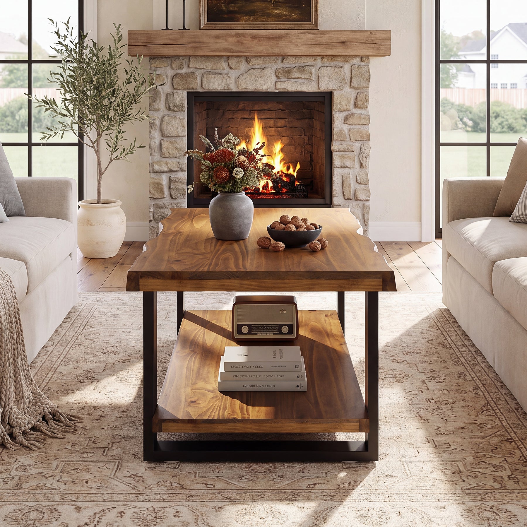 Tribesigns 47-Inch Solid Wood Coffee Table with Live Edge Top, 2-Tier Storage Table for Living Room
