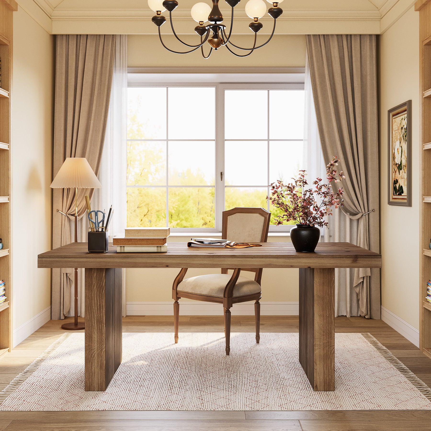 Tribesigns 63-Inch Solid Wood Executive Desk with Spacious Tabletop and Sturdy Wooden Legs, Farmhouse Computer Desk for Home Office Study and Workstation