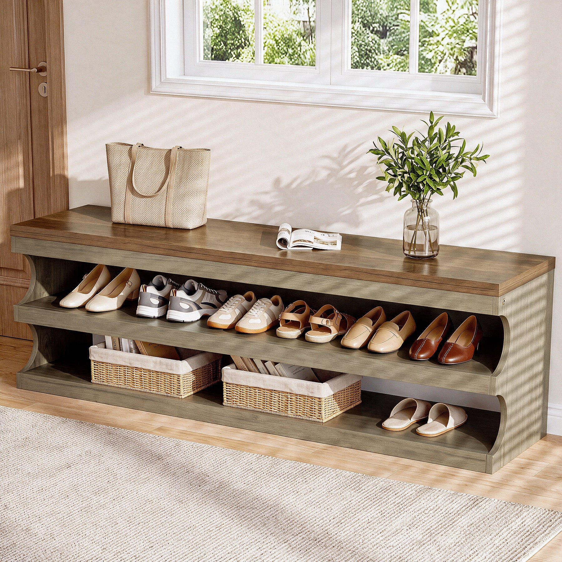 Tribesigns 55 Inch Entryway Bench, 3 Tier Shoe Storage Bench with Seating for Hallway and Bedroom