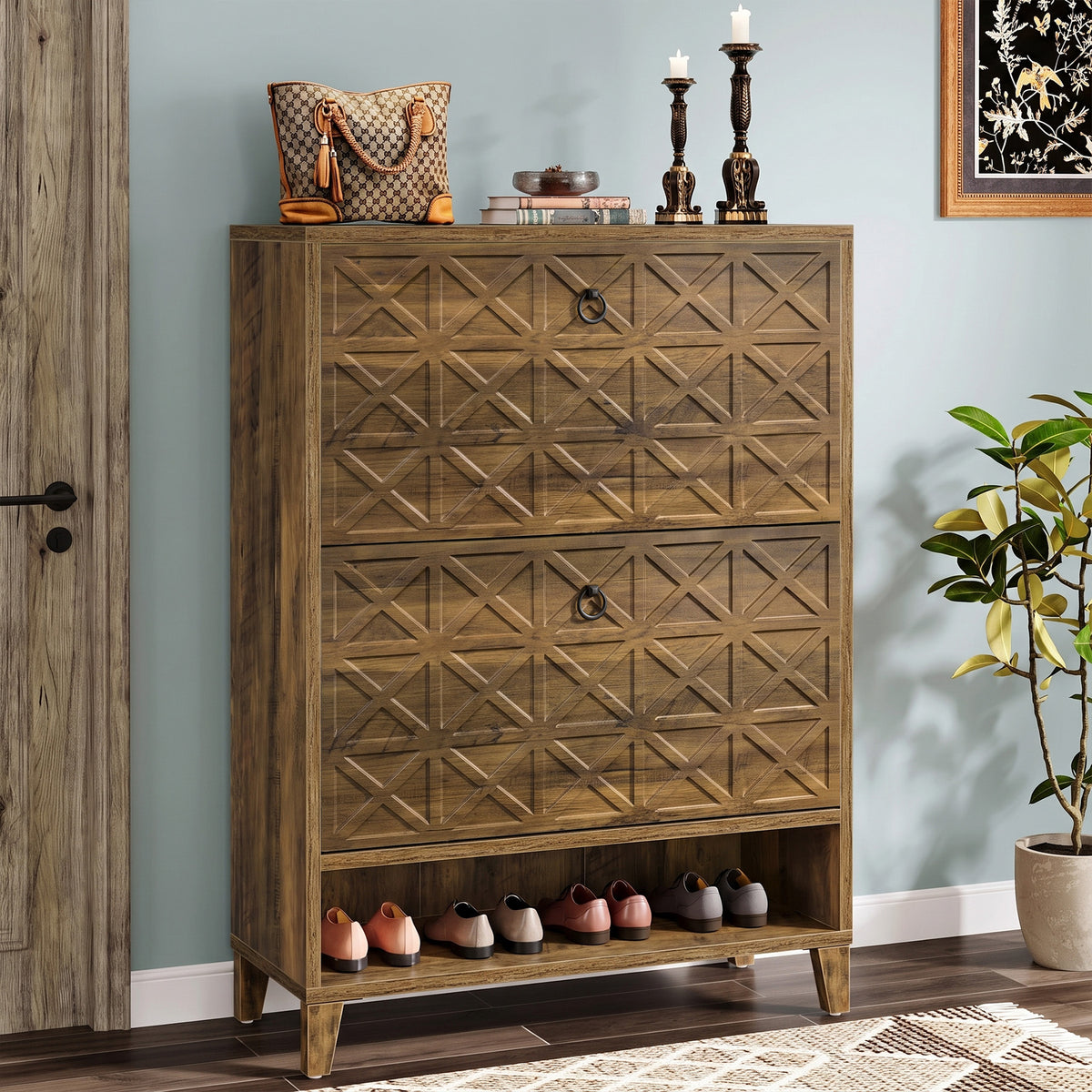 Tribesigns 43.3 Inch Shoe Cabinet with 2 Flip Drawers and Open Shelf, Entryway Shoe Storage for Hallway