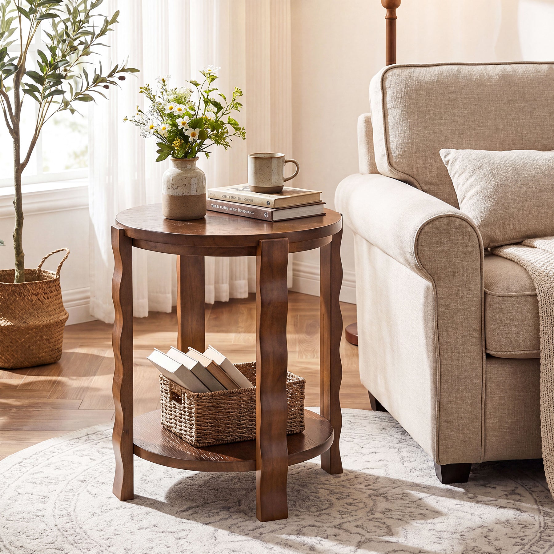 Tribesigns 19.69-Inch Round Side Table with 2-Tier Storage, Solid Wood End Table for Living Room