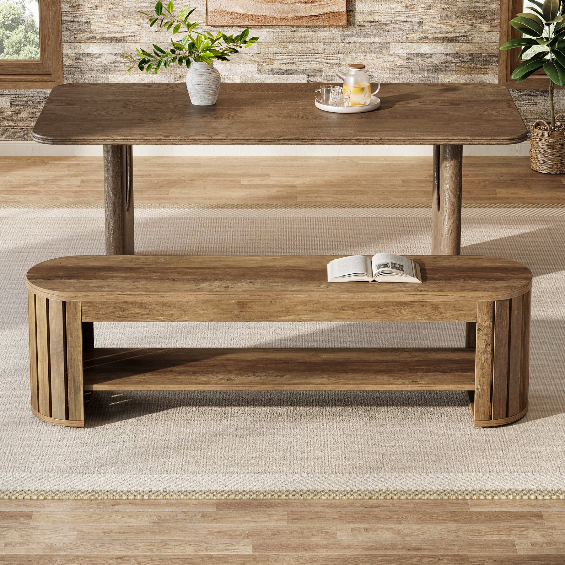 63-Inch Wooden Dining Bench with Arc Slat Legs, Farmhouse Bench for Dining Room