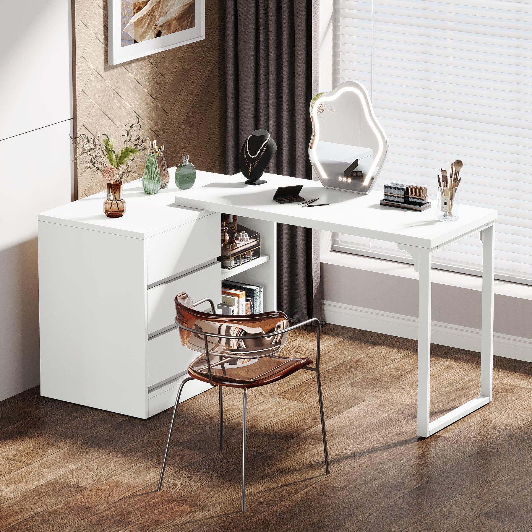 Tribesigns Vanity Desk with 3 Drawers and 2 Shelves, Matte White Makeup Table with Reversible Storage Cabinet for Bedroom