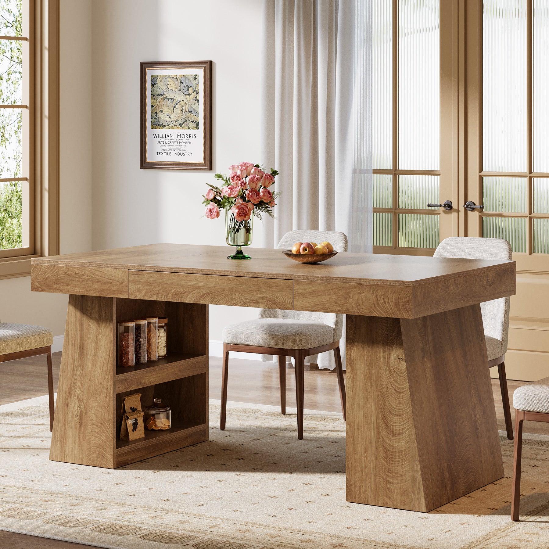 Tribesigns 55 Inch Dining Table for 4-6 People, Farmhouse Wooden Kitchen Table with Storage Drawer and Shelves