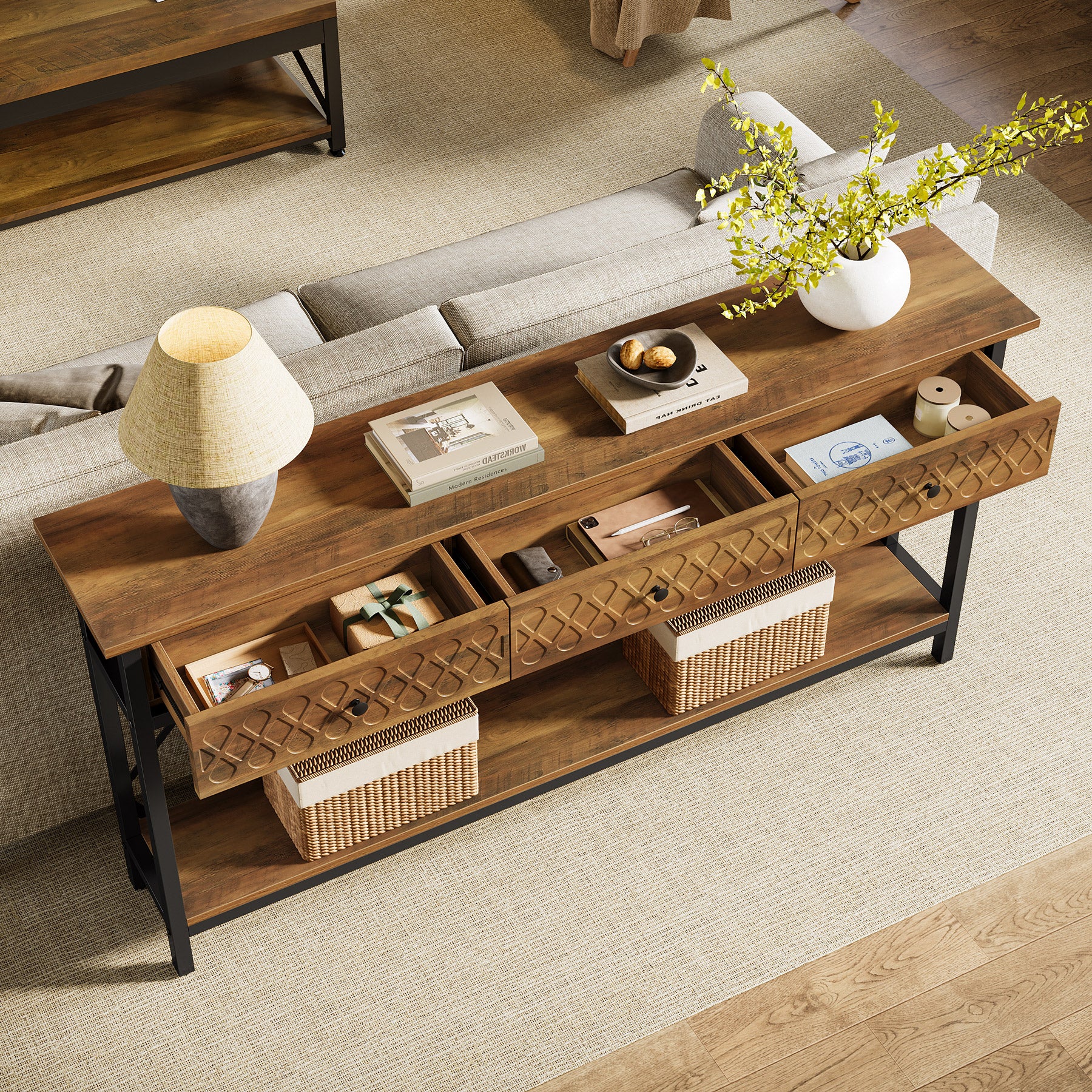 Tribesigns 70.86-Inch Extra Long Console Table with 3 Drawers and Storage Shelf, Industrial Narrow Sofa Table for Living Room Entryway and Hallway