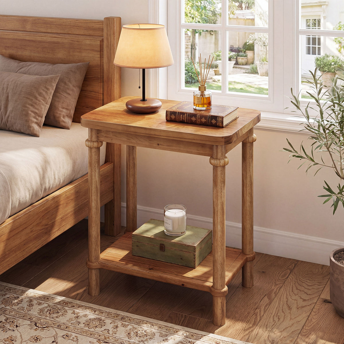 2-Tier Solid Wood Side Table with Storage Shelf, Space-Saving End Table for Living Room and Bedroom