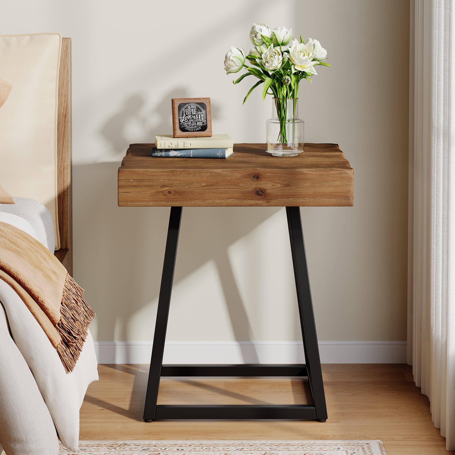 19.7 Inch Solid Wood Nightstand with Metal Frame, Industrial Square Bedside Table