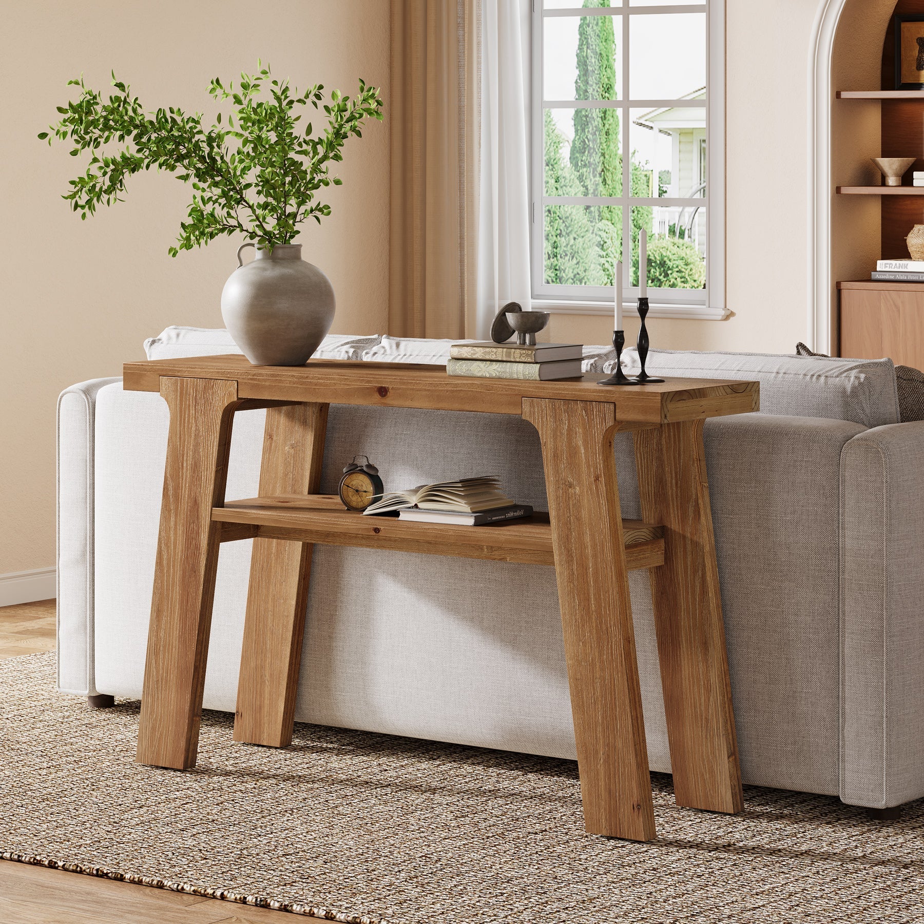 47-Inch Solid Wood Console Table with 2-Tier Storage, Farmhouse Entryway Table