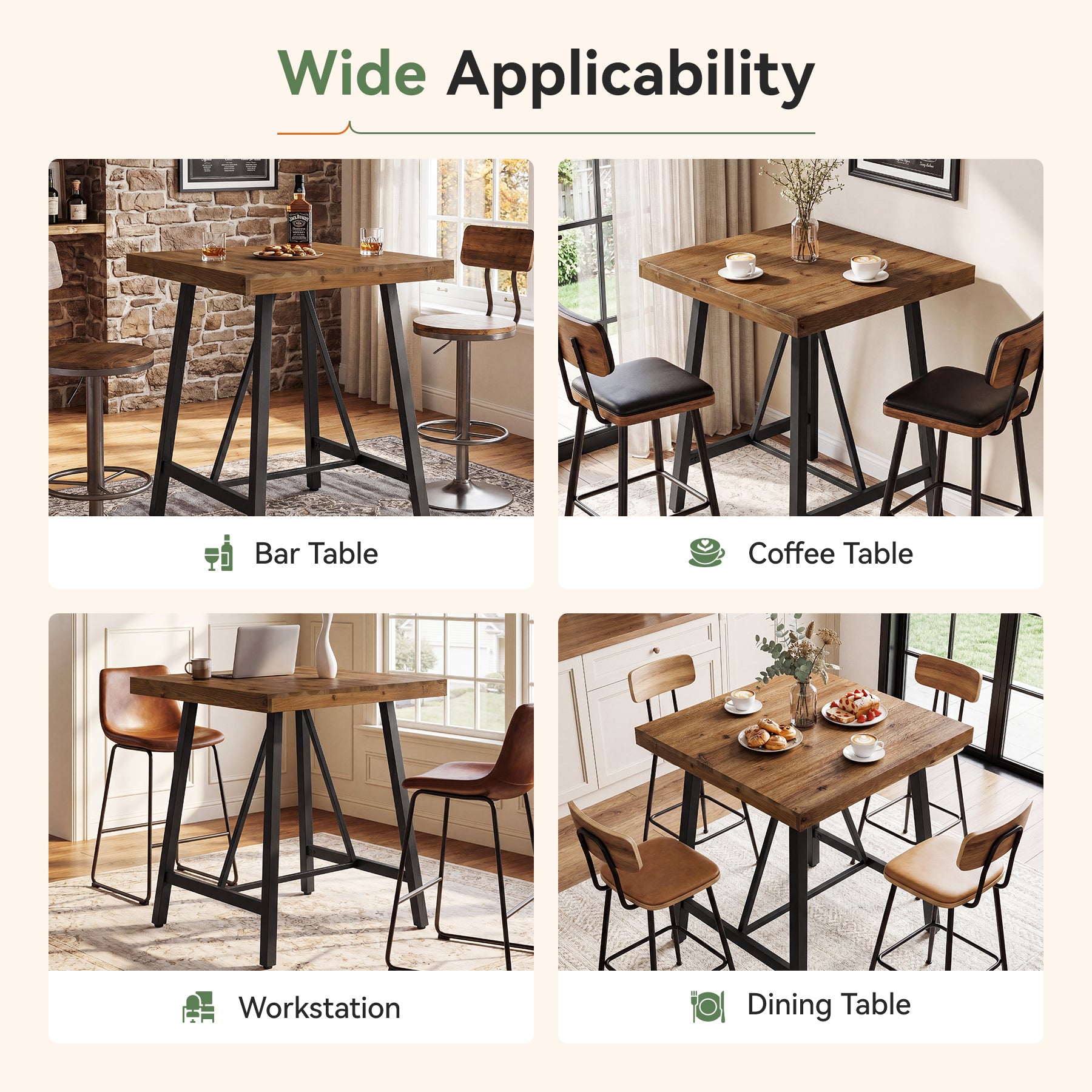 Tribesigns 31.5-Inch Square Bar Table with Solid Wood Top and Metal Footrest, Industrial Pub Table for Home Bar Kitchen and Cafe