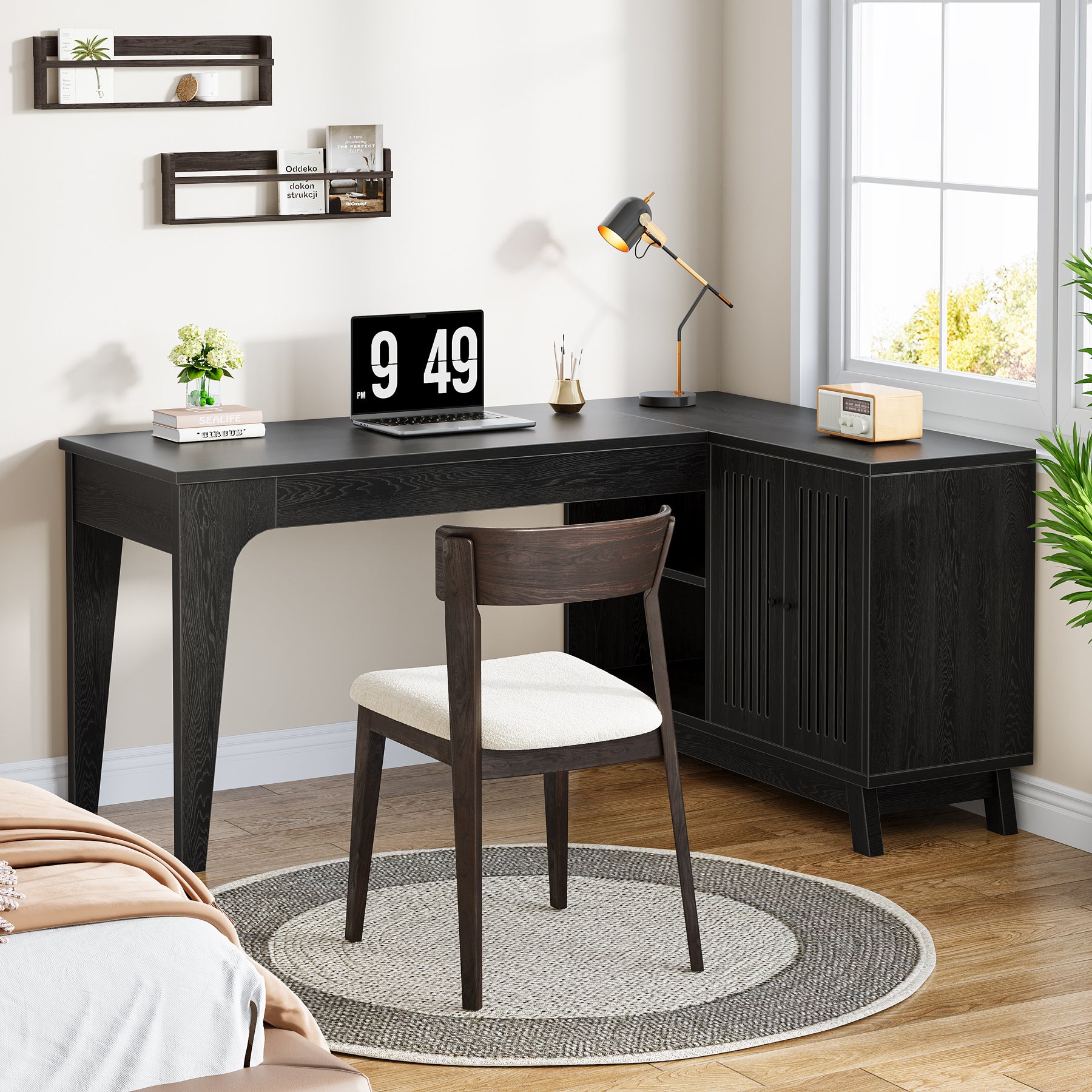 57-Inch L-Shaped Corner Desk with Storage Cabinet, Wood Home Office Workstation and Study Writing Table