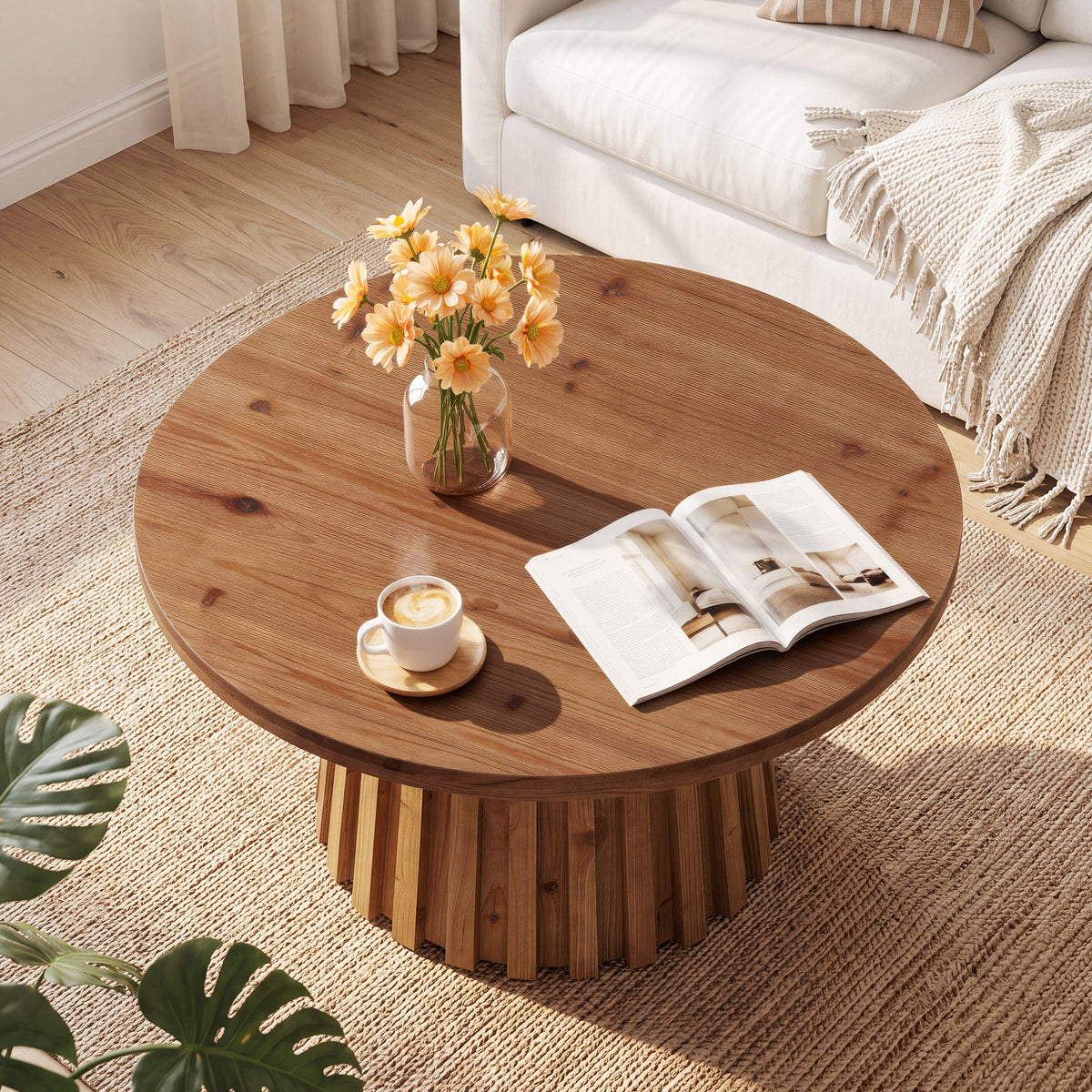 31.5 Inch Solid Wood Round Coffee Table with Fluted Drum Base, Farmhouse Accent Table for Living Room