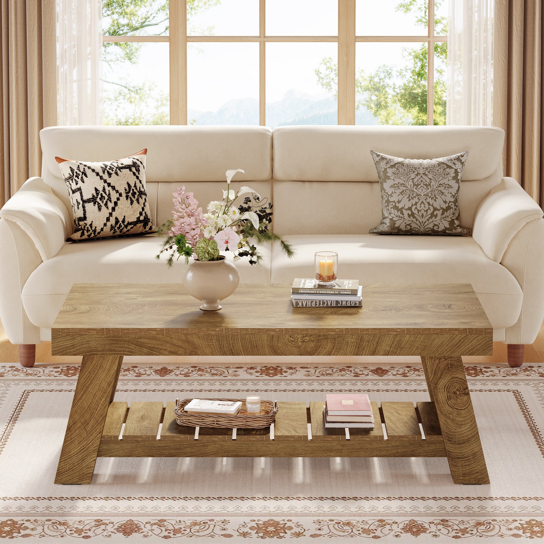 47.24-Inch Rectangular Coffee Table, Farmhouse Wood Center Table with 2-Tier Storage