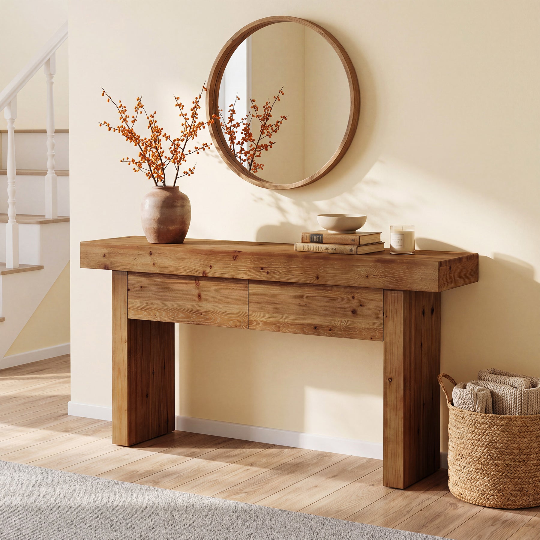 63 Inch Fir Wood Console Table with 2 Hidden Drawers, Narrow Entryway Table for Hallway