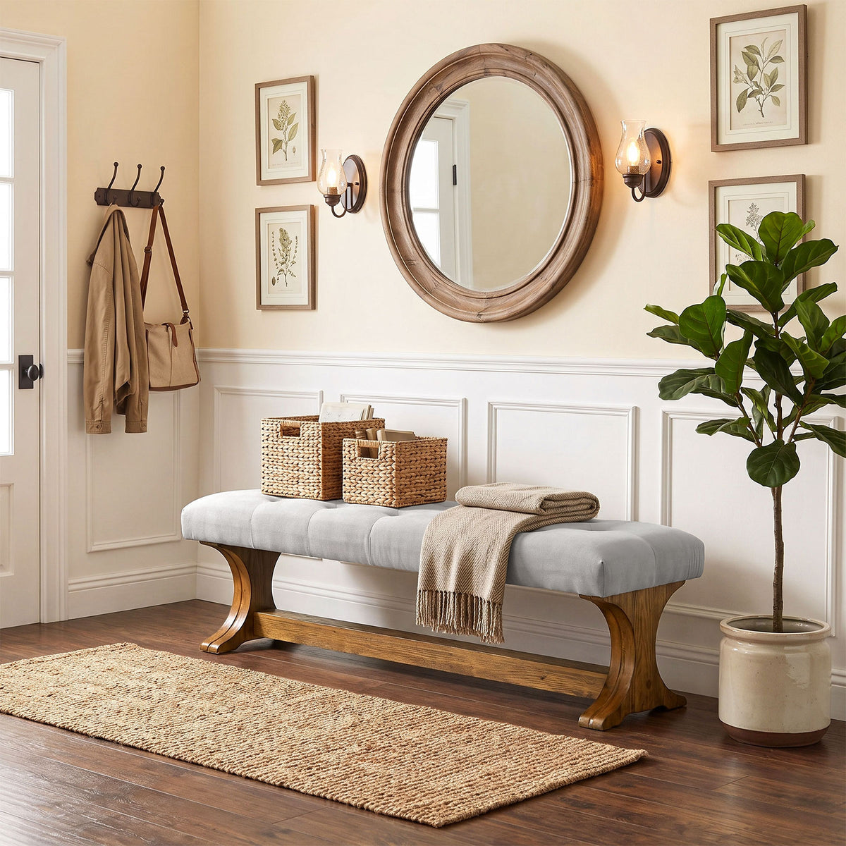 Tribesigns 55 Inch Upholstered End of Bed Bench with Tufted Cushion, Farmhouse Storage Bench for Bedroom and Living Room