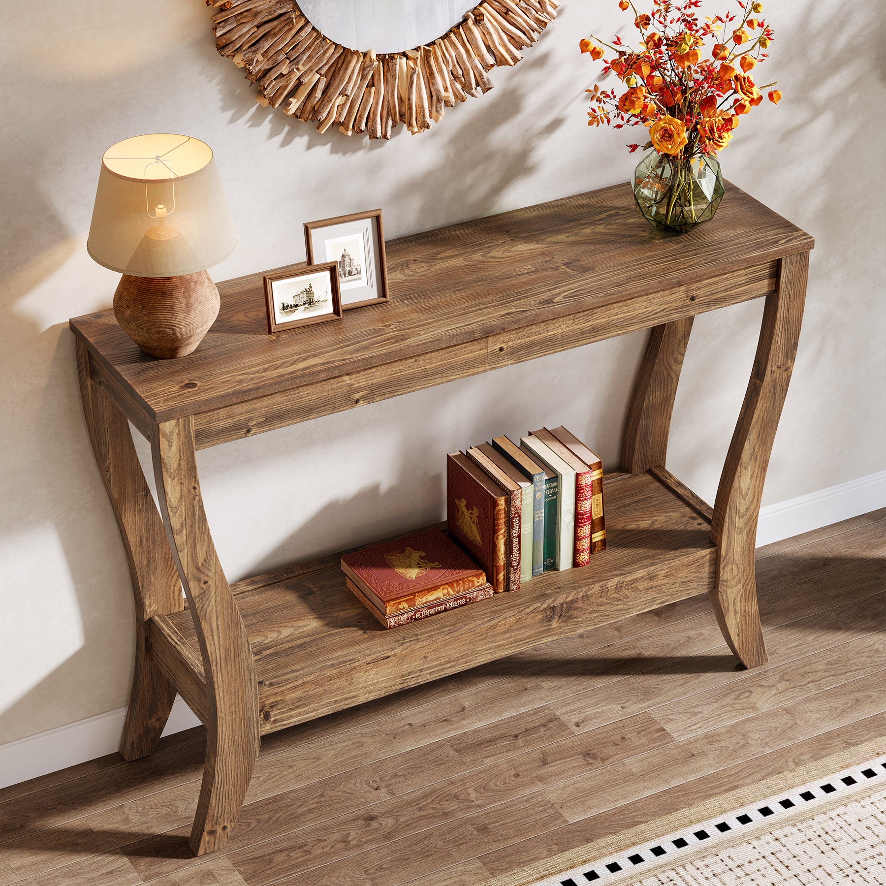 41.3-Inch Solid Wood Console Table with Storage Shelf, Farmhouse 2-Tier Entryway and Sofa Table for Living Room and Hallway