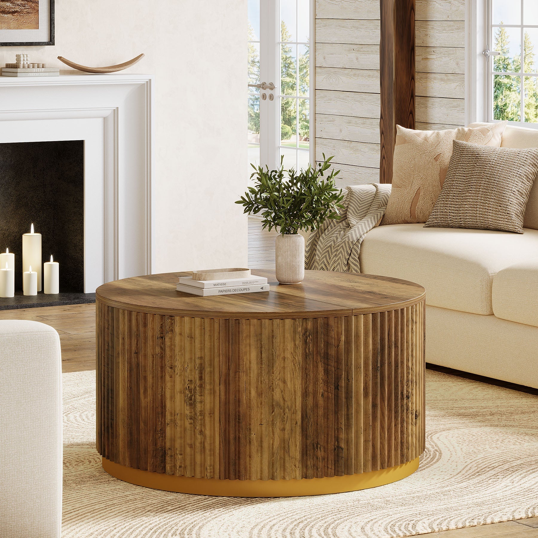 31.5" Round Fluted Wood Coffee Table with Drum Base, Mid Century Modern Rustic Brown