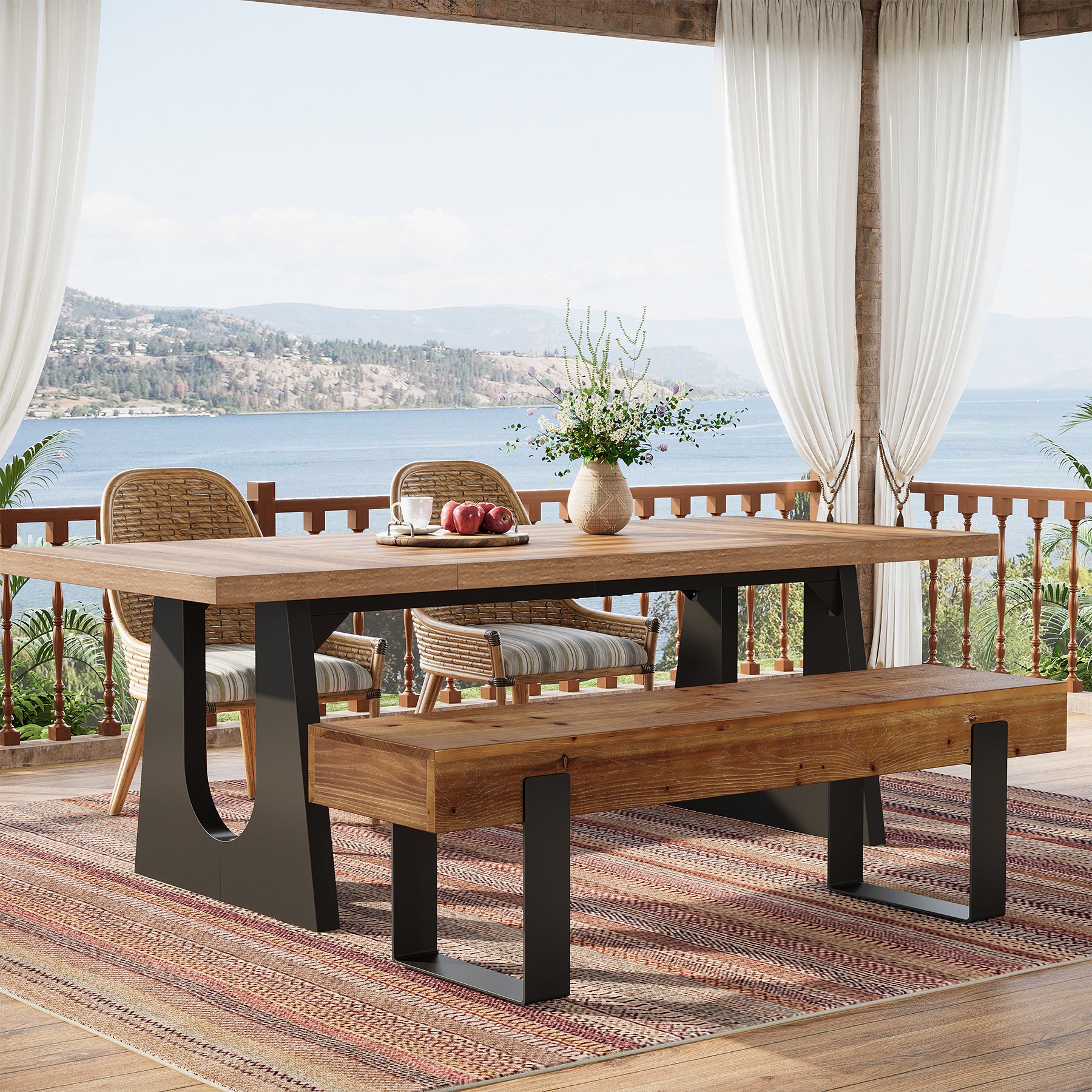 Tribesigns 63-Inch Solid Wood Dining Bench, Farmhouse Kitchen Seat with Metal Legs for Dining Room