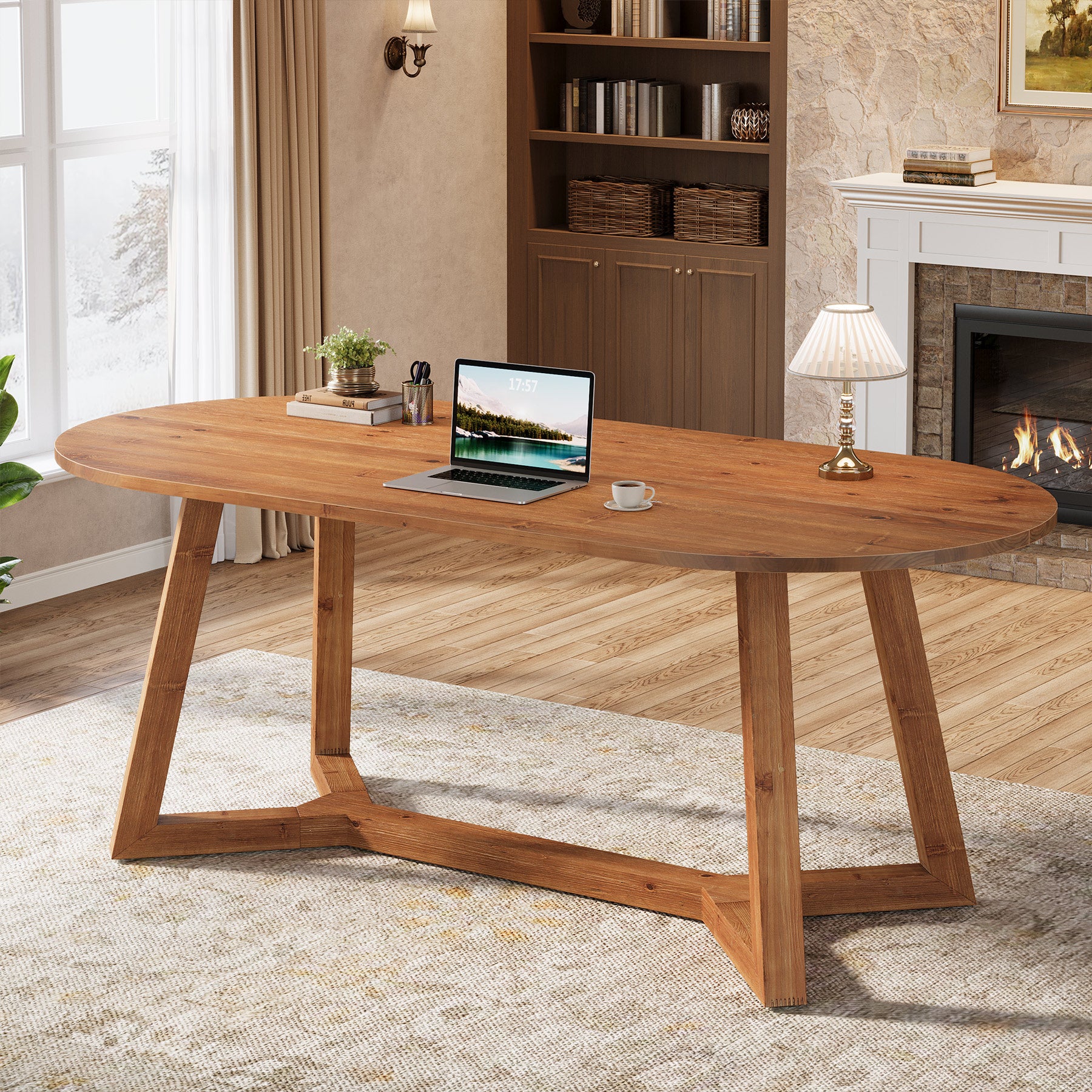 63" Solid Wood Office Desk, Oval Executive Desk with Tapered Legs