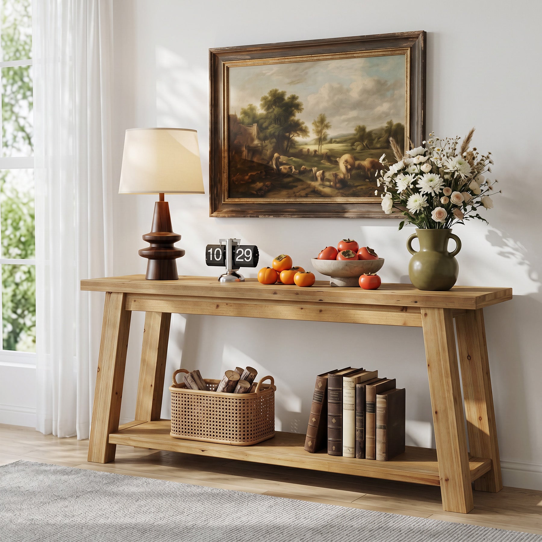 70.9-Inch Solid Wood Console Table with 2-Tier Storage Shelf, Farmhouse Entryway Table for Living Room and Hallway