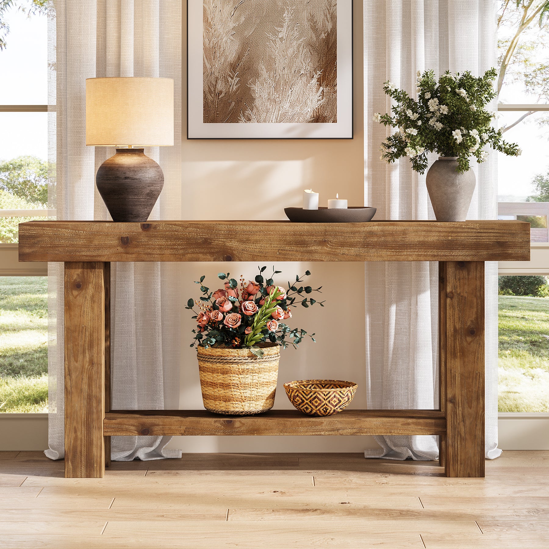 63-Inch Solid Wood Console Table with 2-Tier Storage Shelf, Farmhouse Narrow Sofa Table for Entryway