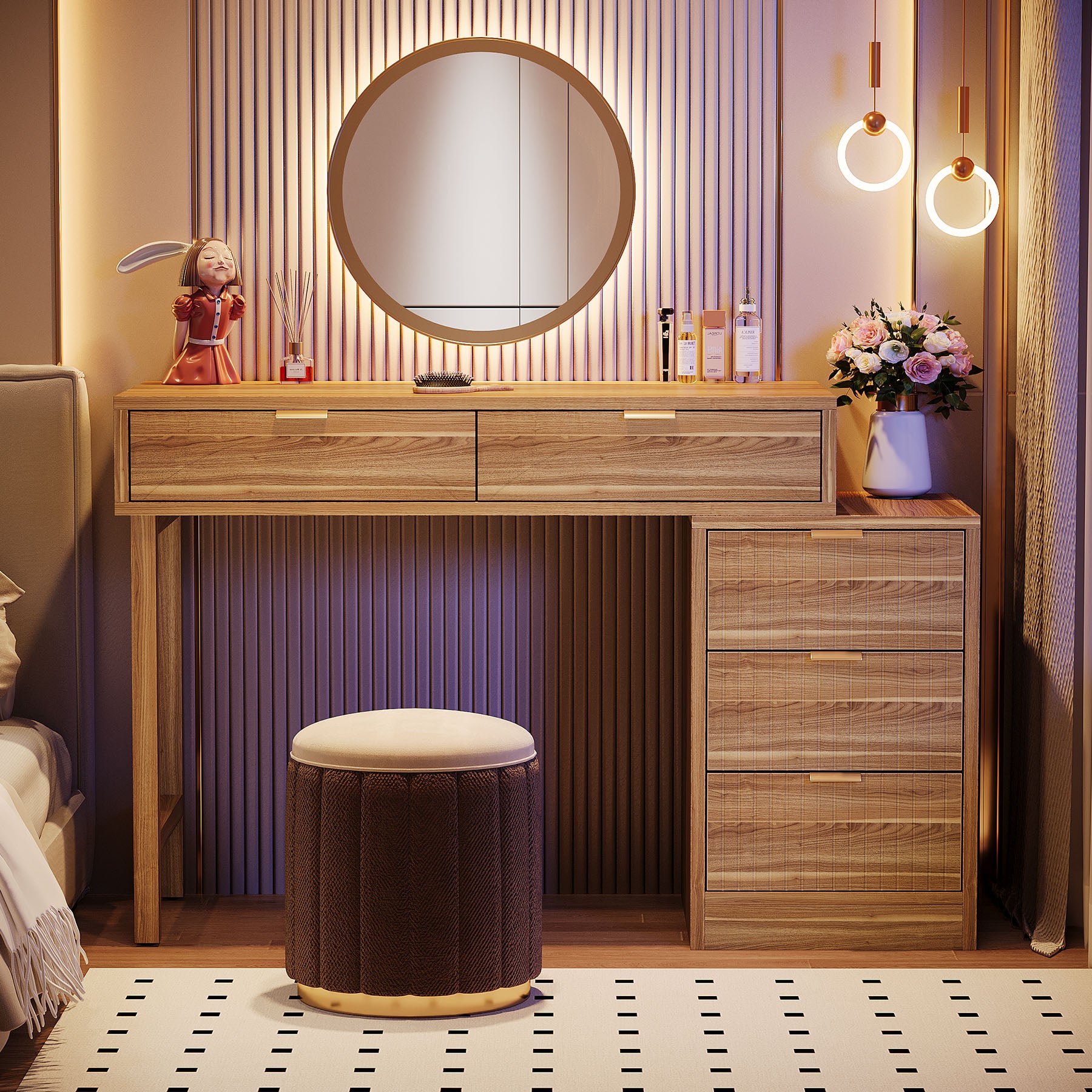 Makeup Vanity Desk with 5 Drawers, Reversible Dressing Table for Bedroom and Narrow Spaces (without mirror)