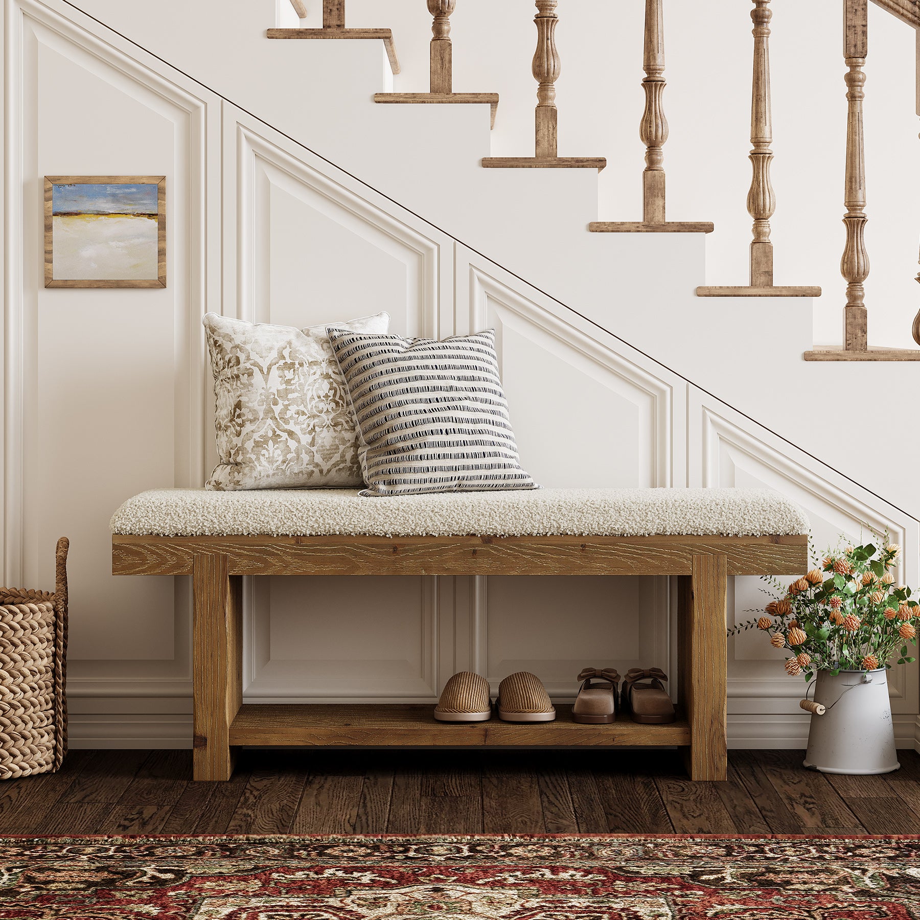 Tribesigns 47.2-Inch Farmhouse Entryway Bench with Storage Shelf, Solid Wood Upholstered Shoe Bench for Mudroom
