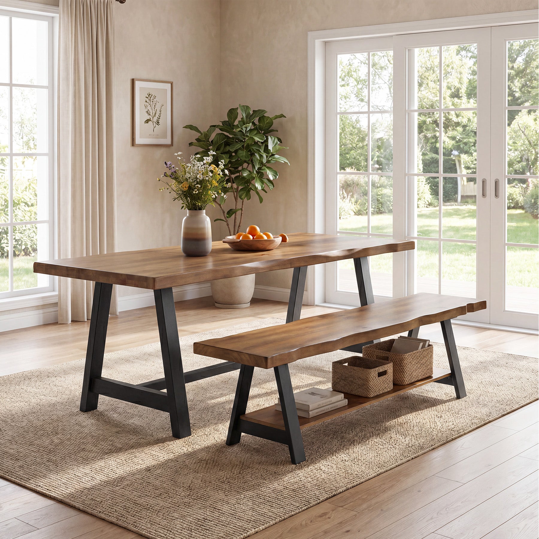 55" Solid Wood Dining Bench with Live Edge & Metal Frame, Kitchen & Dining Room