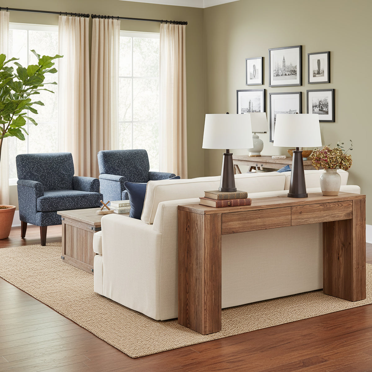 Tribesigns 63 Inch Solid Wood Sofa Table with 2 Drawers and Storage, Rustic Console Table for Living Room