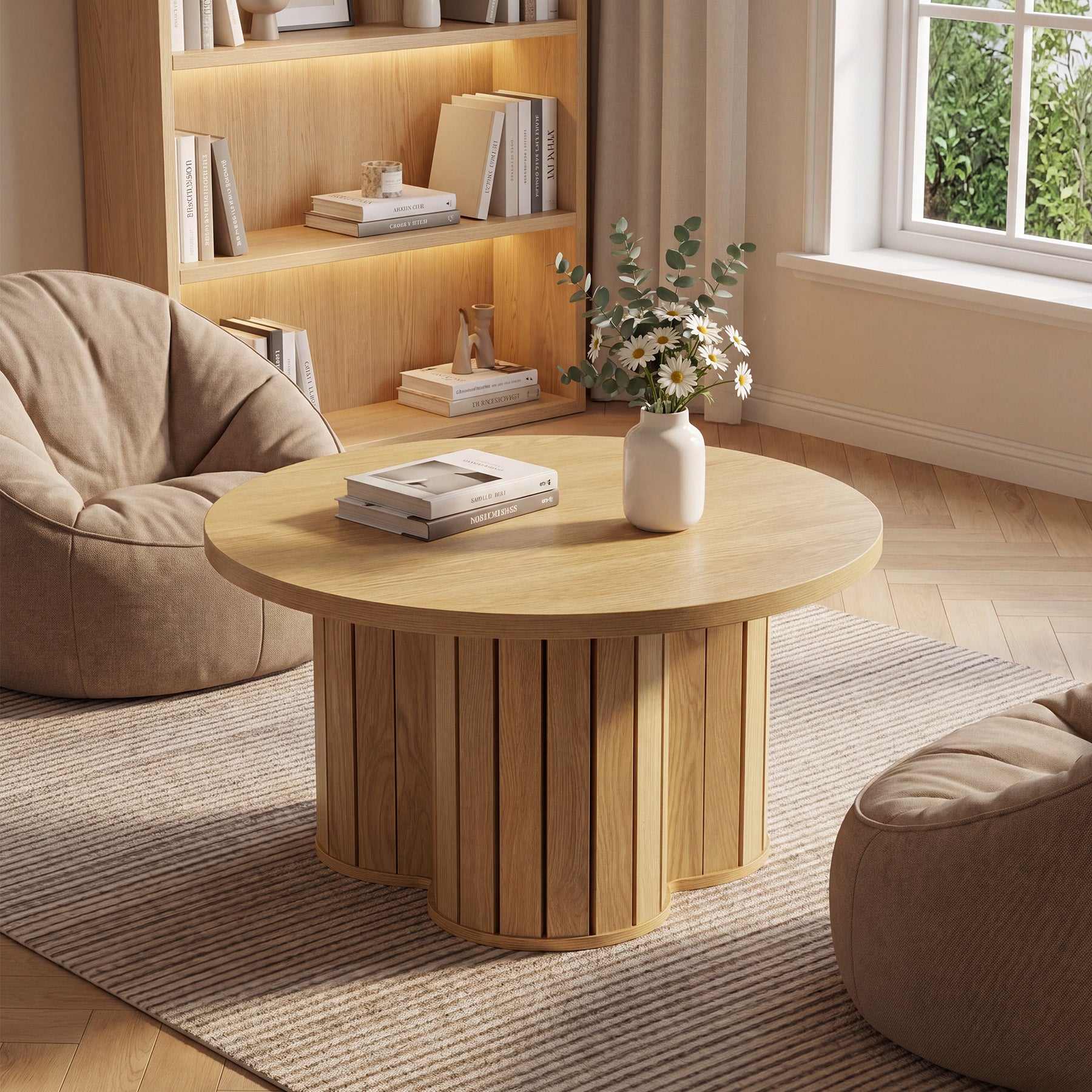 31.5-Inch Round Coffee Table, Wooden Circle Center Table with Fluted Three-Lobed Base for Living Room Apartment