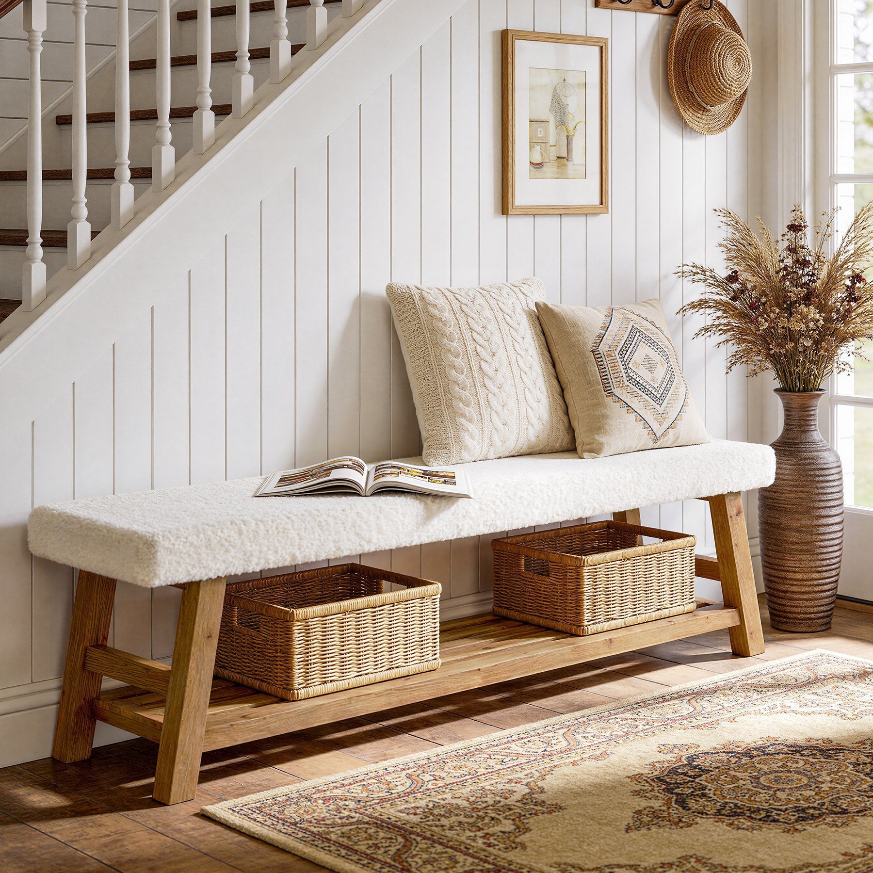 55-Inch Upholstered Entryway Bench with 2-Tier Shoe Storage Shelf, Solid Wood Frame Shoe Bench for Hallway