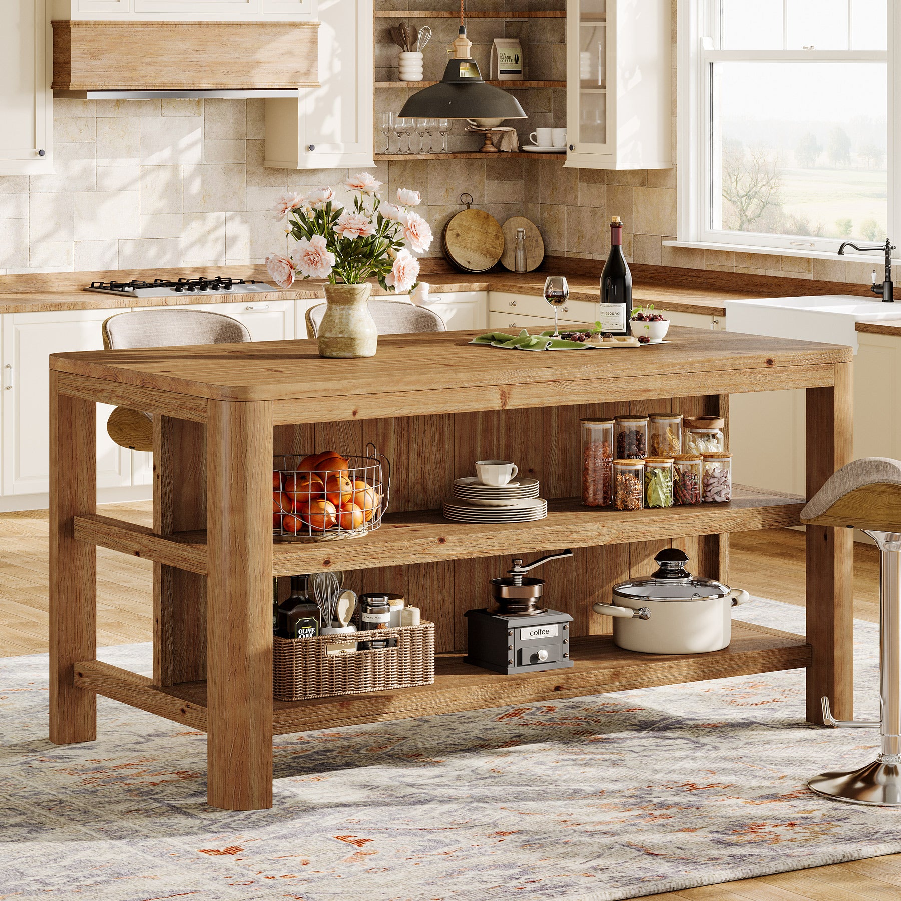 Tribesigns 63-Inch Farmhouse Kitchen Island, Solid Wood Island Table with Open Storage Shelves