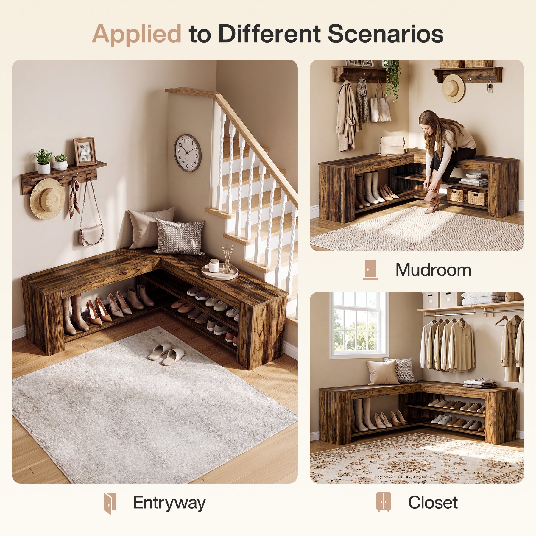47.24 Inch L Shaped Storage Bench, Corner Entryway Shoe Bench with 2 Tier Rack for Home Foyer