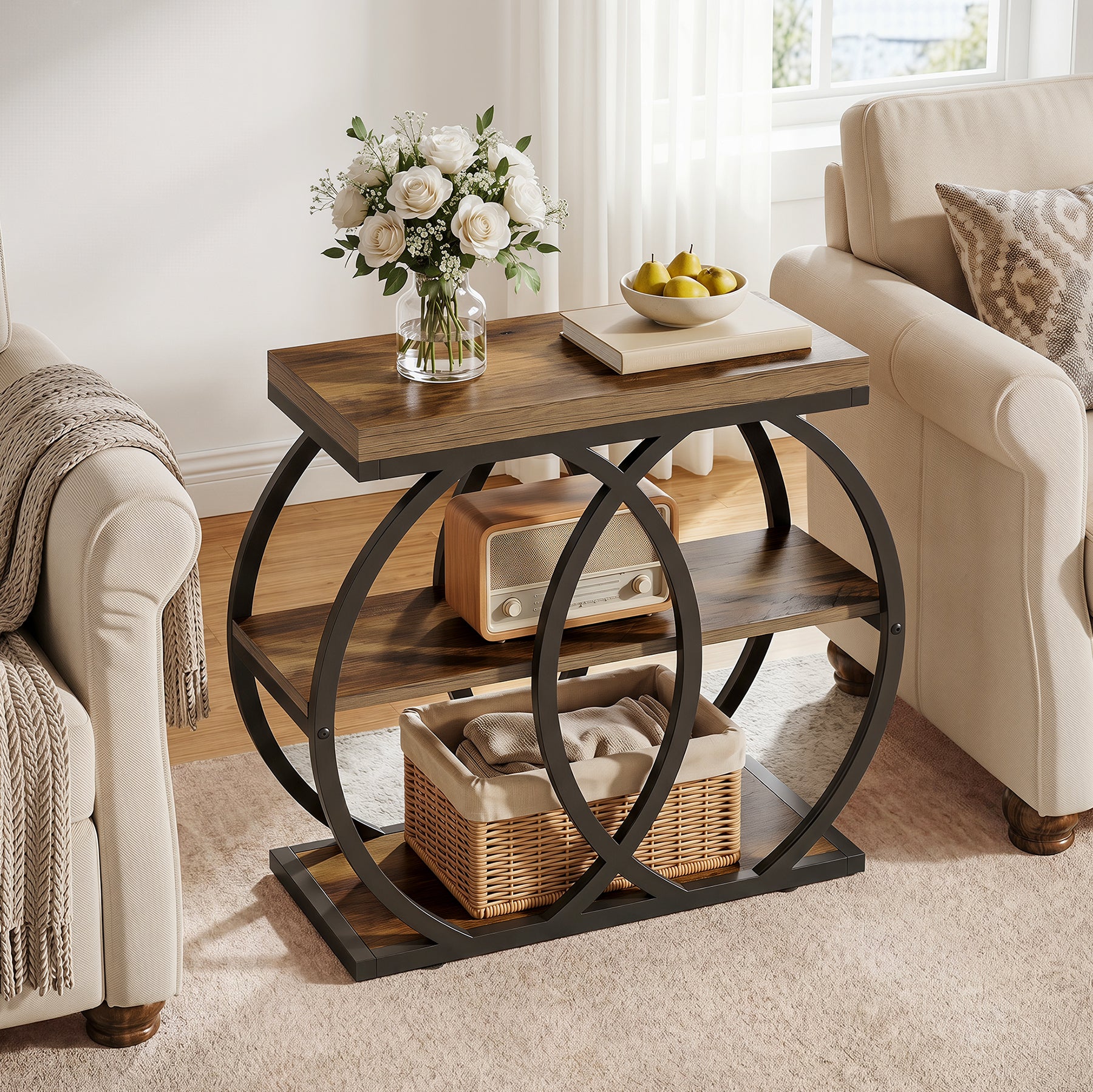 23.62-Inch 3-Tier Narrow End Table with Open Storage Shelves, Industrial Side Table for Living Room