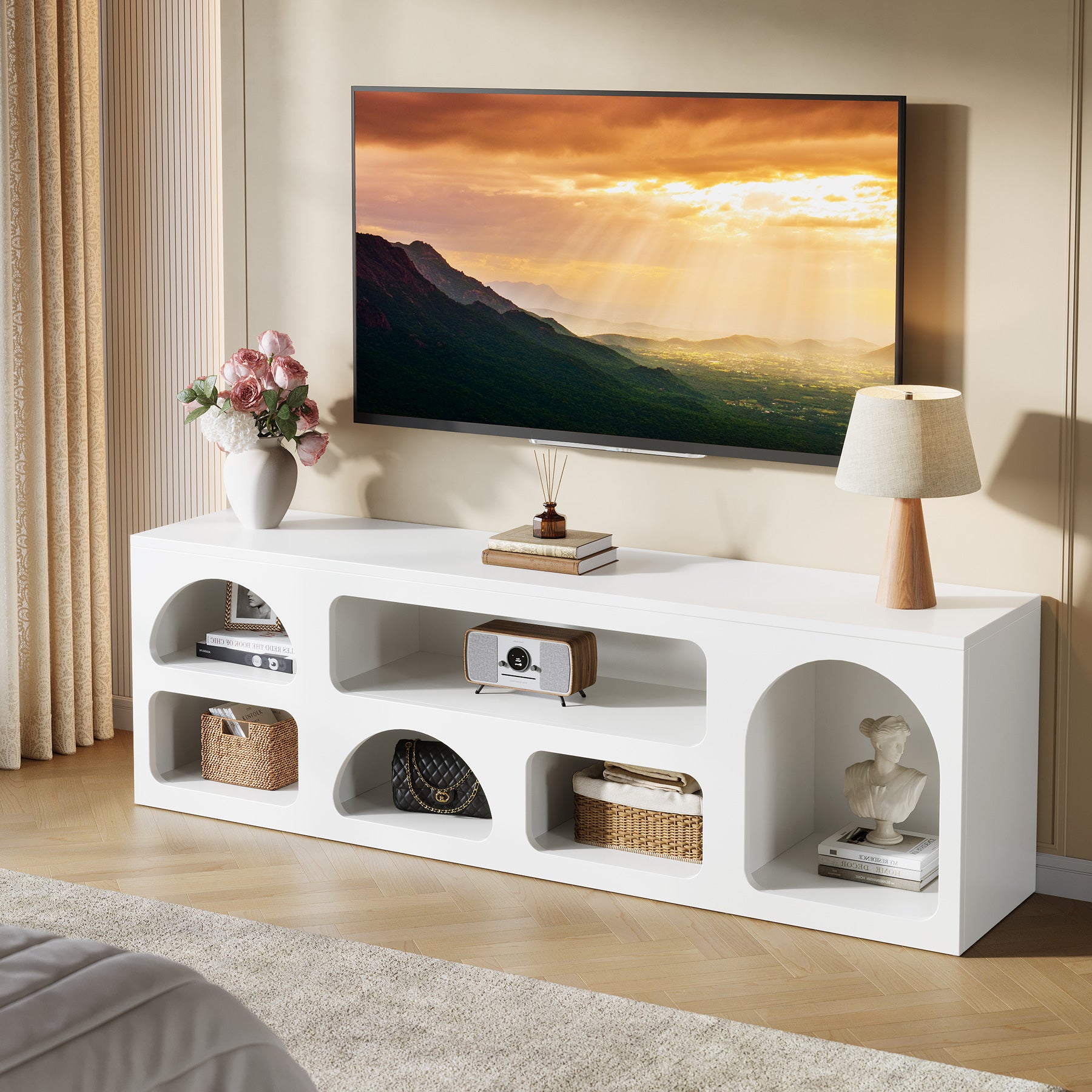 Tribesigns 63-Inch TV Stand with 6 Open Shelves, Modern Entertainment Center for Living Room