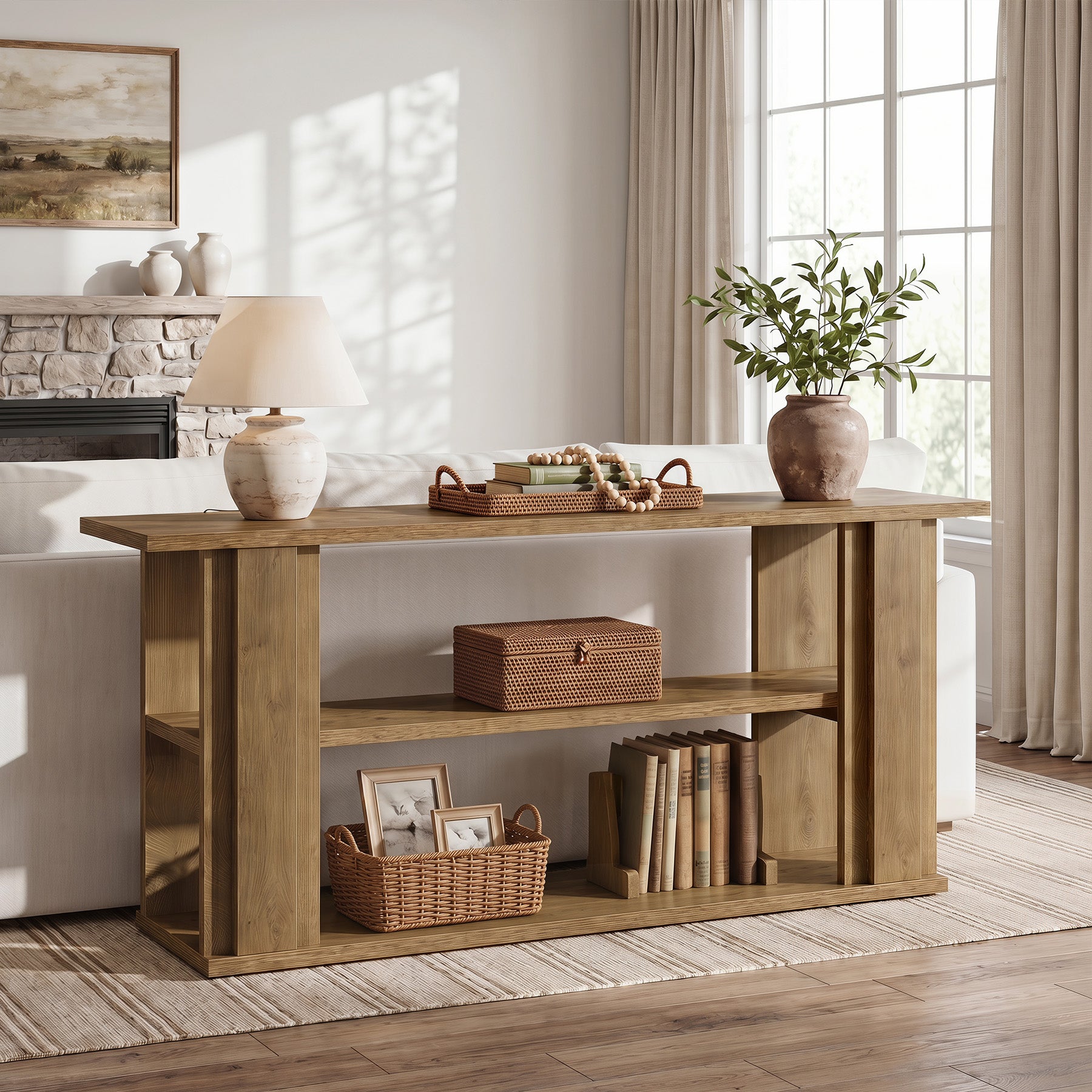 Tribesigns 63-Inch Farmhouse Console Table with 3-Tier Storage Shelves and Wide Panel Supports, Narrow Sofa Table for Living Room Hallway and Foyer