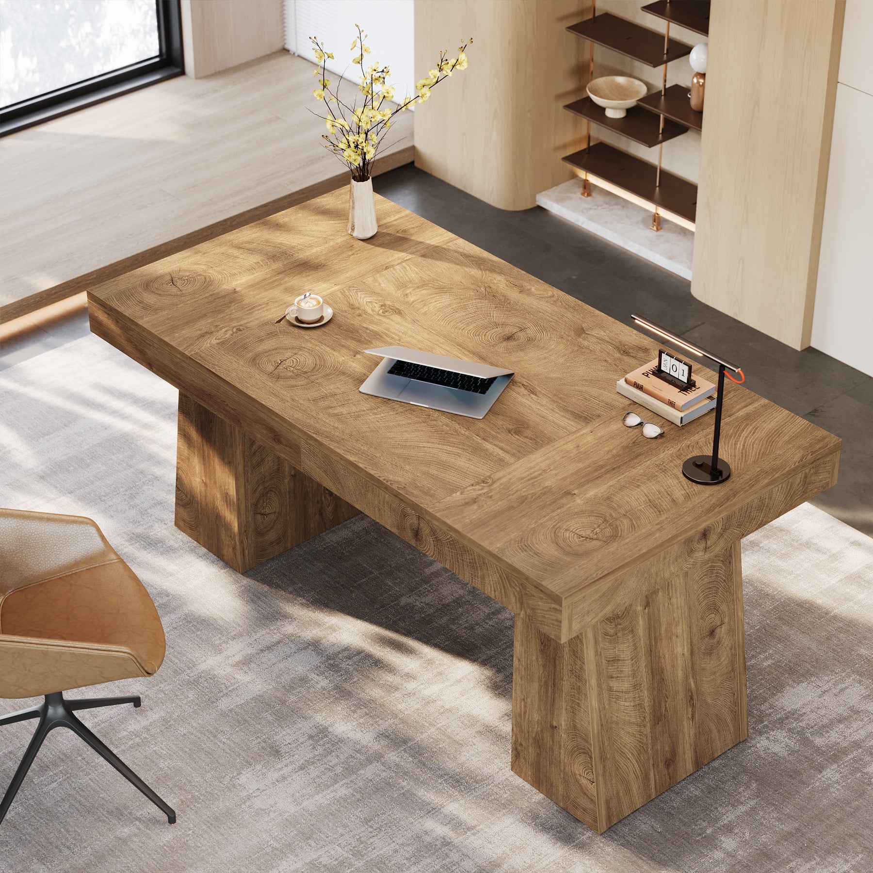 55-Inch Executive Desk, Large Wood Office Computer Desk with Double Pedestal