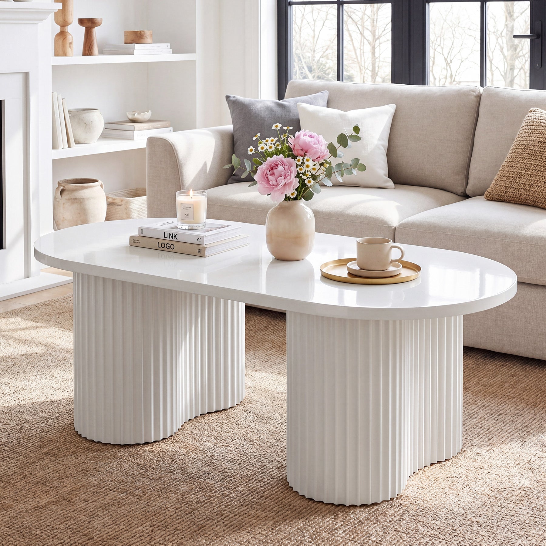 Tribesigns 47-Inch Oval Coffee Table with Fluted Design, Modern White Center Table for Living Room and Office