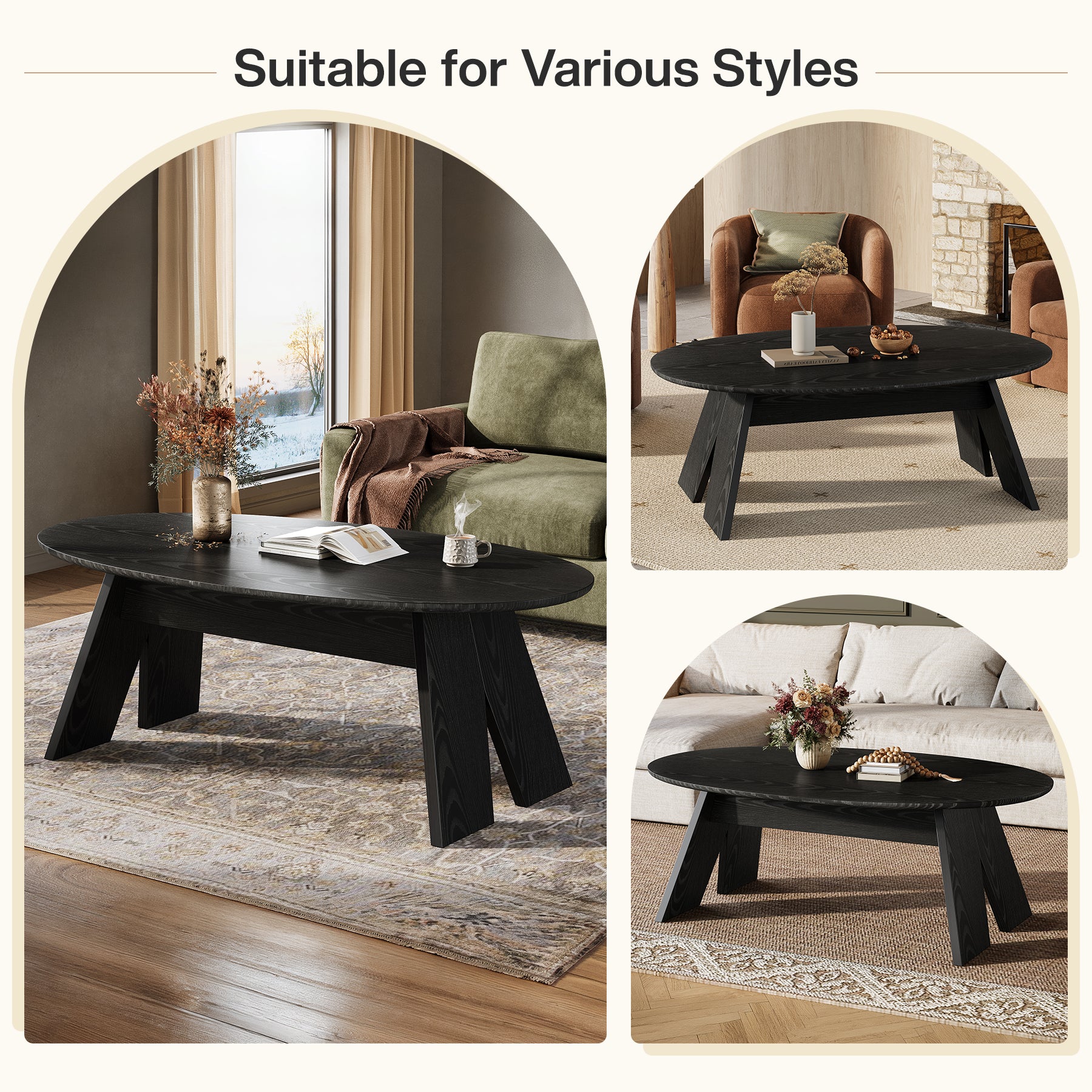 47-Inch Oval Coffee Table for Living Room, Modern Black Center Cocktail Table with Angled Legs