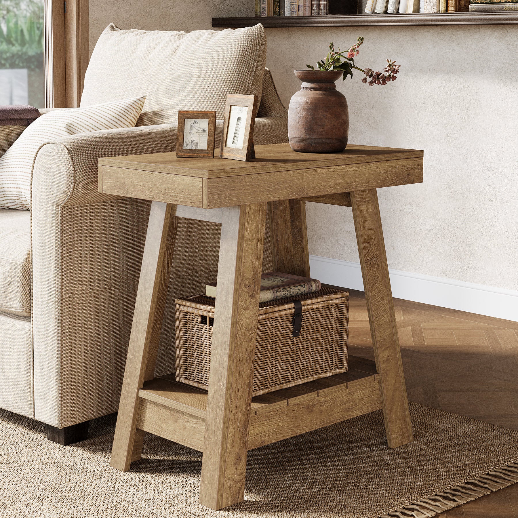 Tribesigns 23.6 Inch 2-Tier End Table with Trapezoidal Base, Farmhouse Side Table for Small Spaces