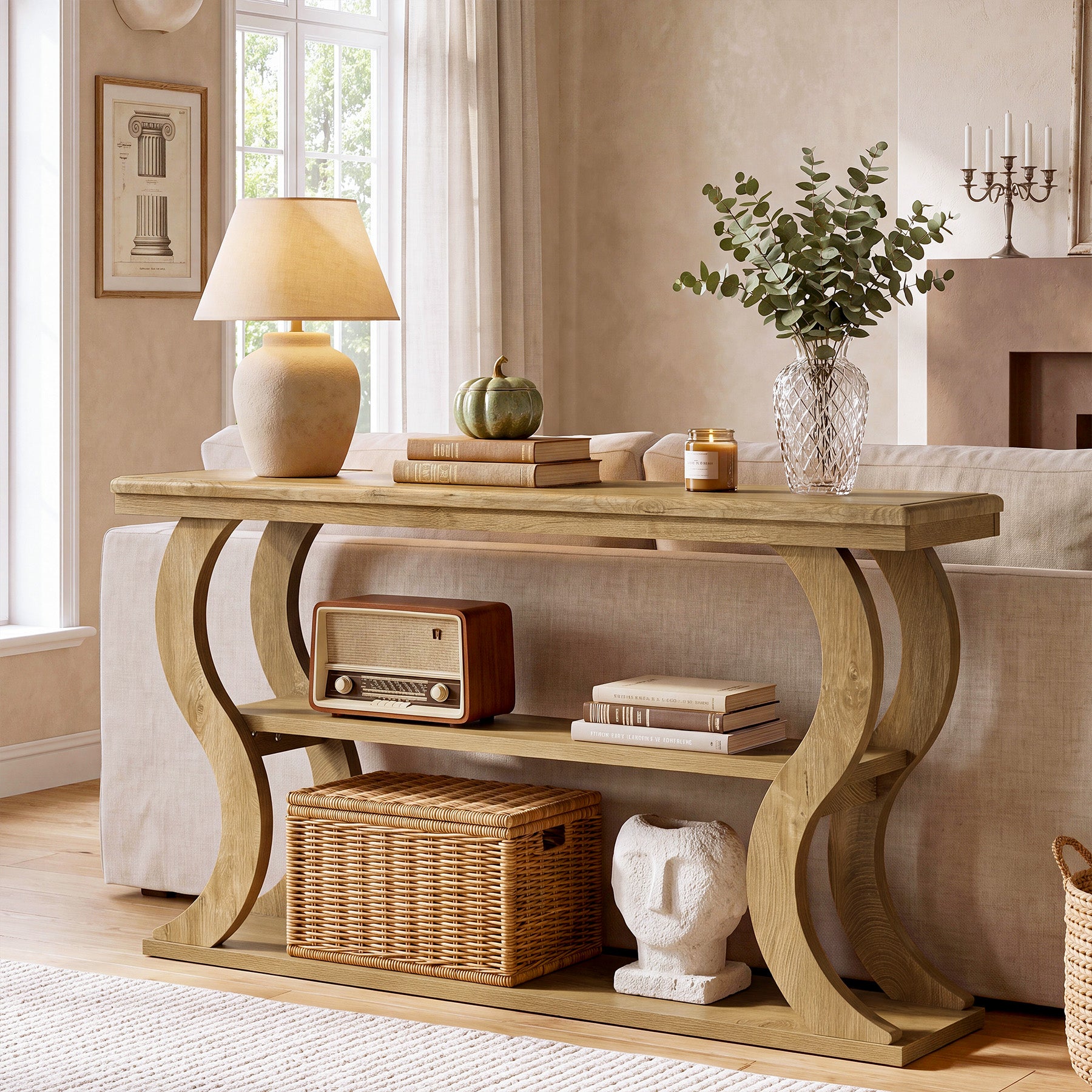 Tribesigns 55 Inch Console Table with 3-Tier Storage, Farmhouse Hallway Table with Wave Legs