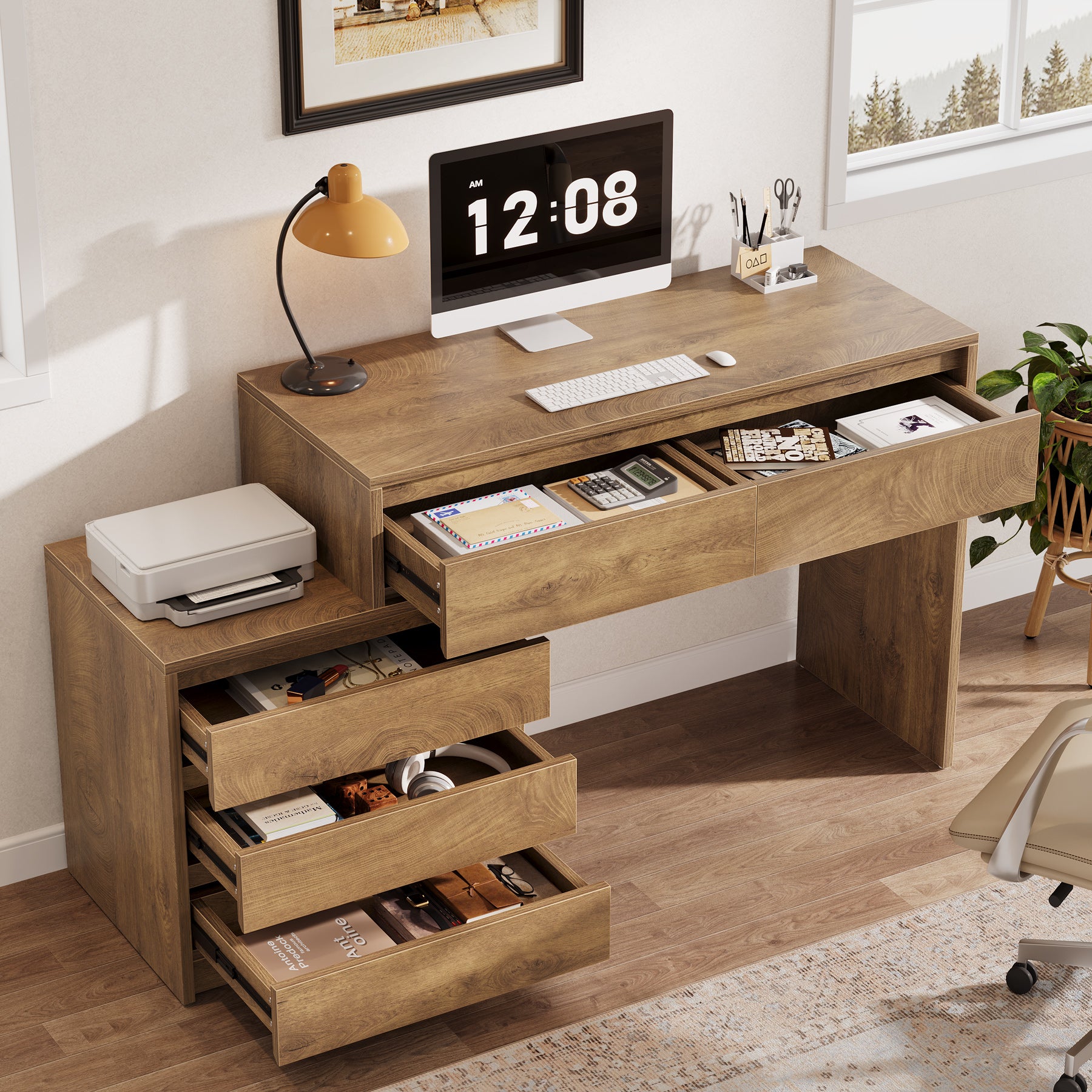 62.99-Inch Computer Desk with 5 Drawers, Industrial Home Office Desk with File Cabinet for Small Spaces