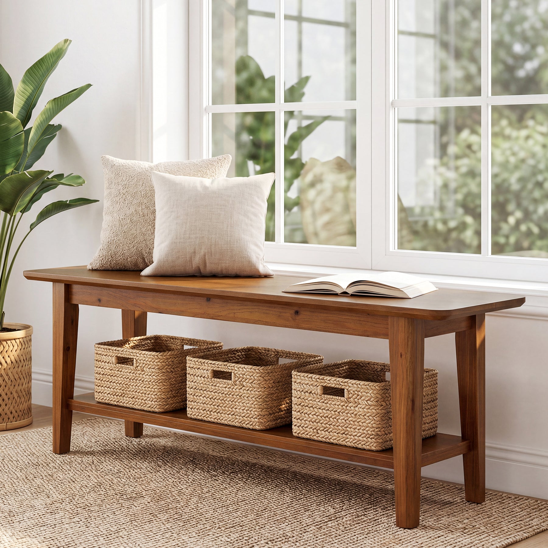 Tribesigns 55.12-Inch Wooden Shoe Bench with Open Shelves, Farmhouse Entryway Bench for Hallway