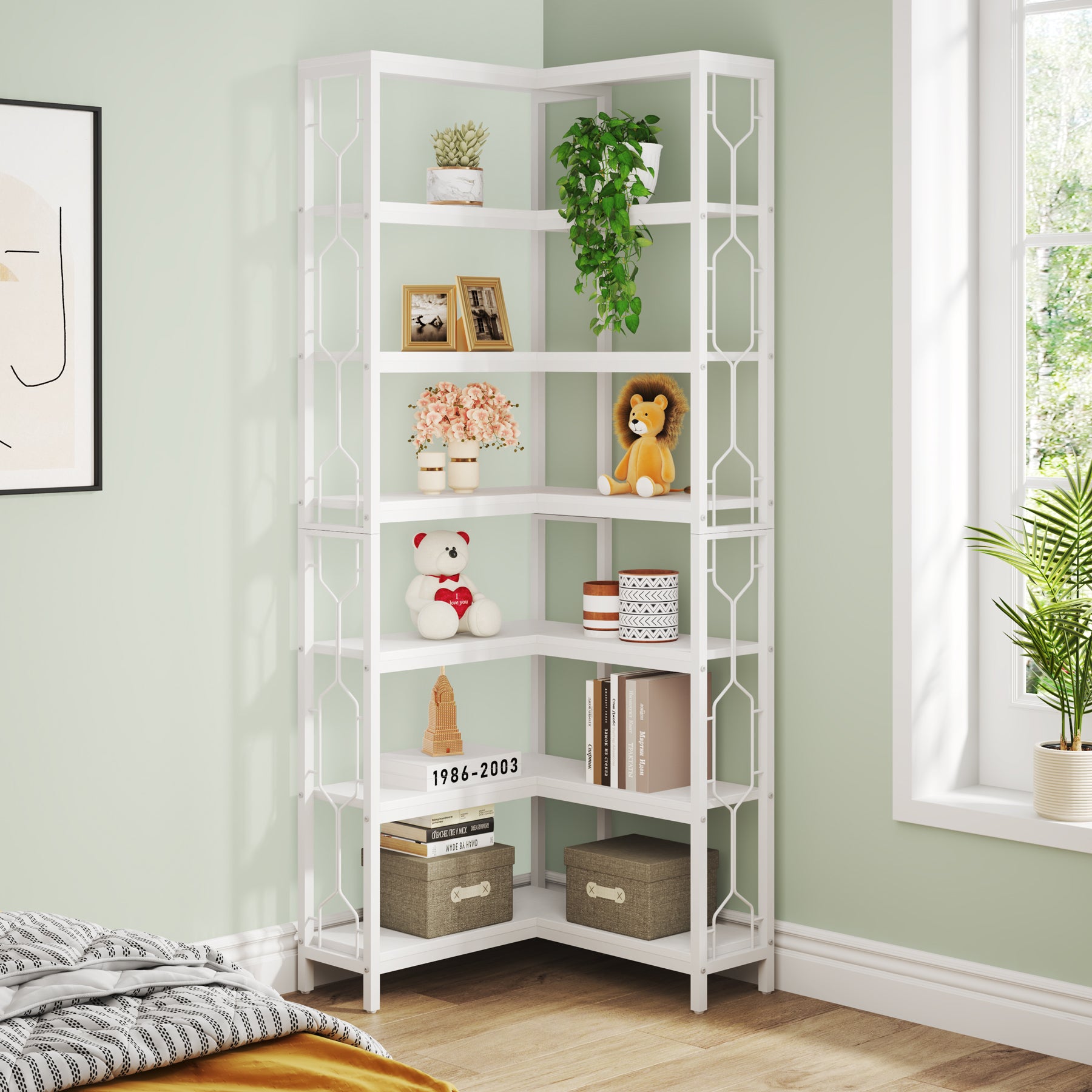 78.7-Inch 7-Tier Corner Bookcase with Hexagon-Pattern Side Panels, Tall Display Unit for Living Room