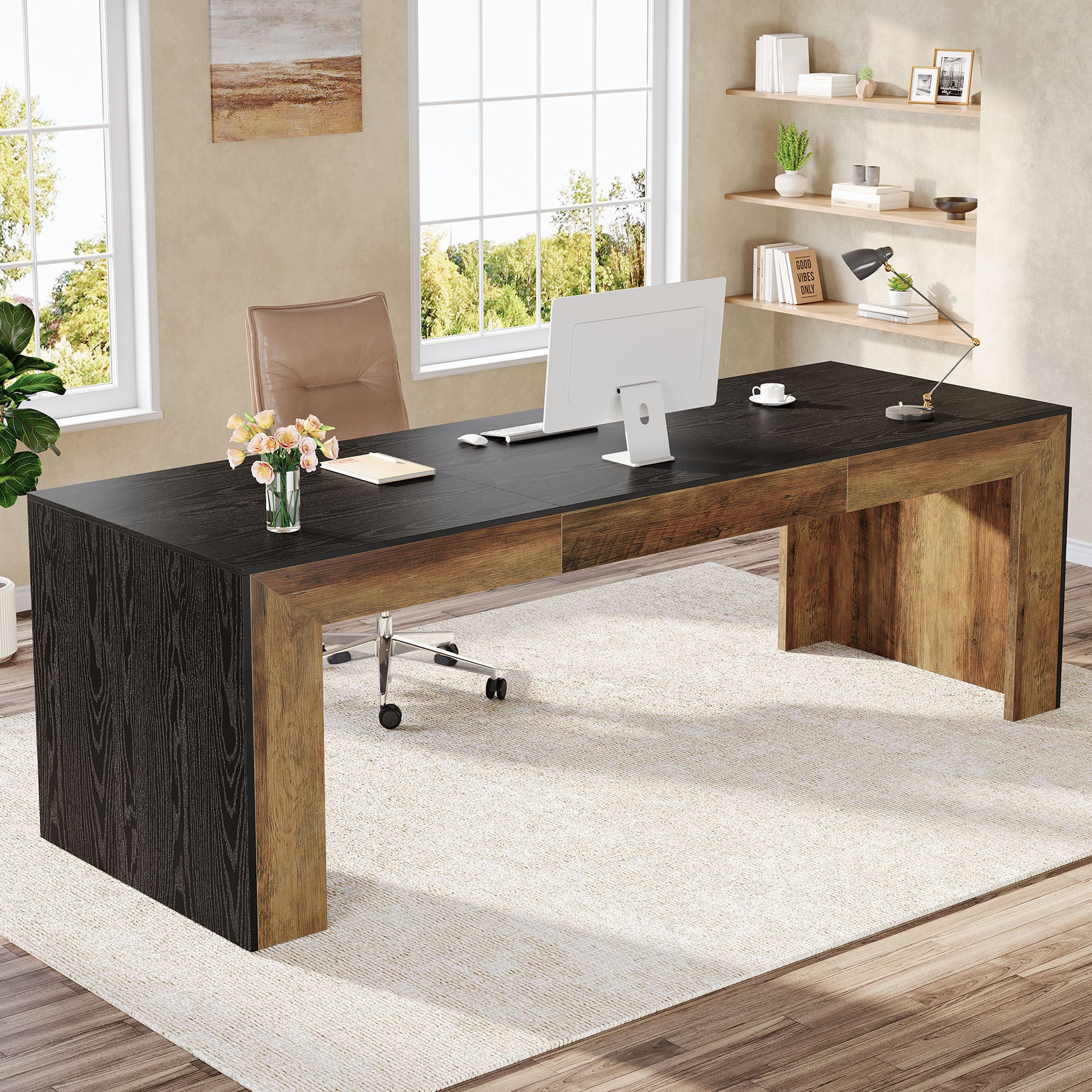 78.7-Inch Two-Person Computer Desk with Reinforced Double-Rectangle Legs, Farmhouse Executive Desk for Home Office