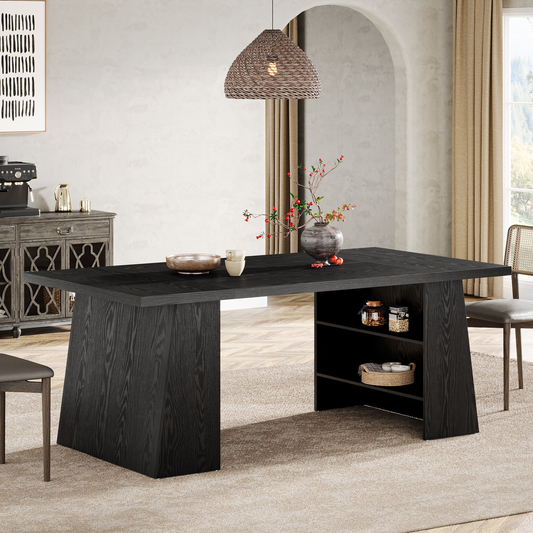 Tribesigns 63-Inch Black Kitchen Table with Double Pedestal Storage, Modern Dining Table for 4-6 People