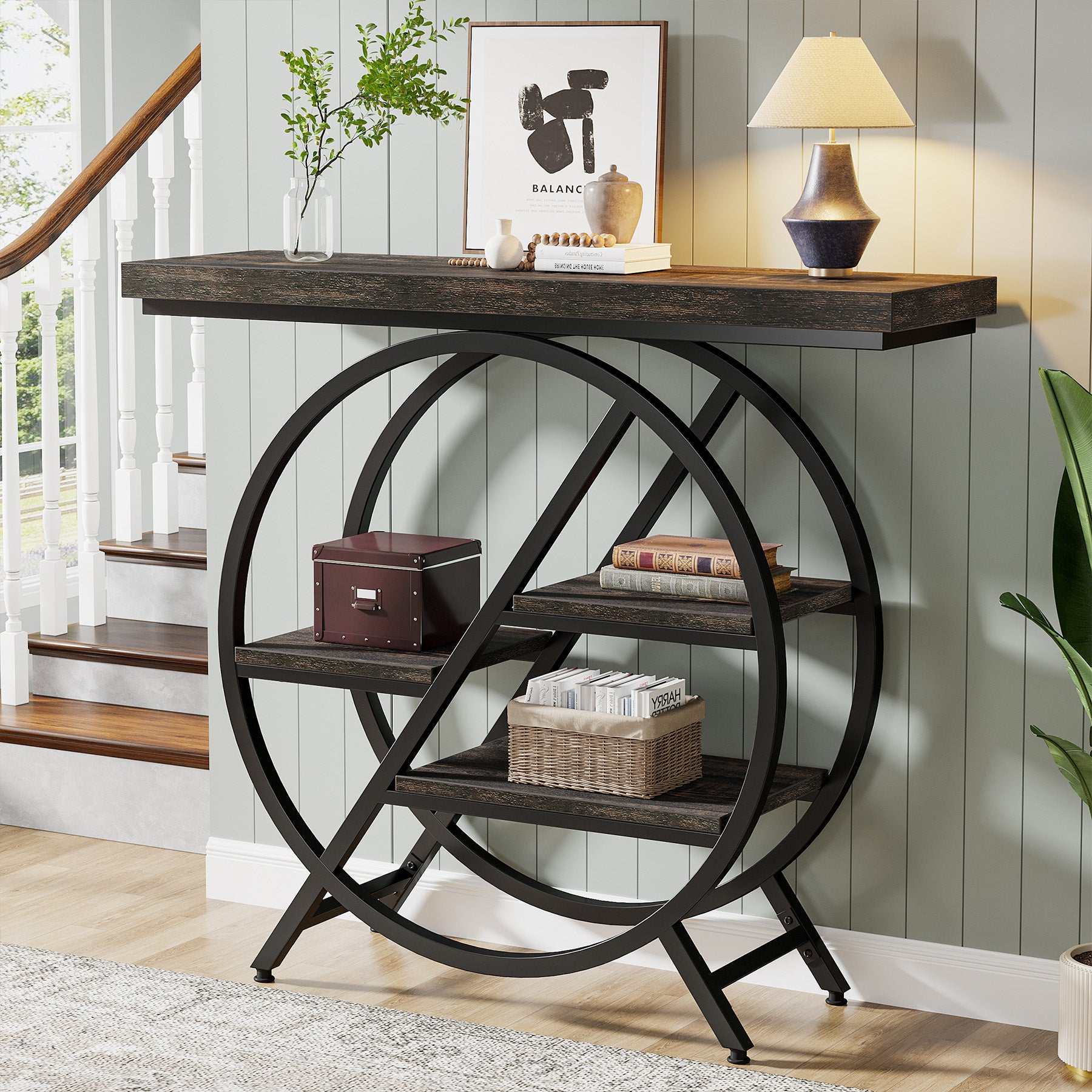 4-Tier Console Table, 39.4" Entryway Table with Geometric Metal Frame